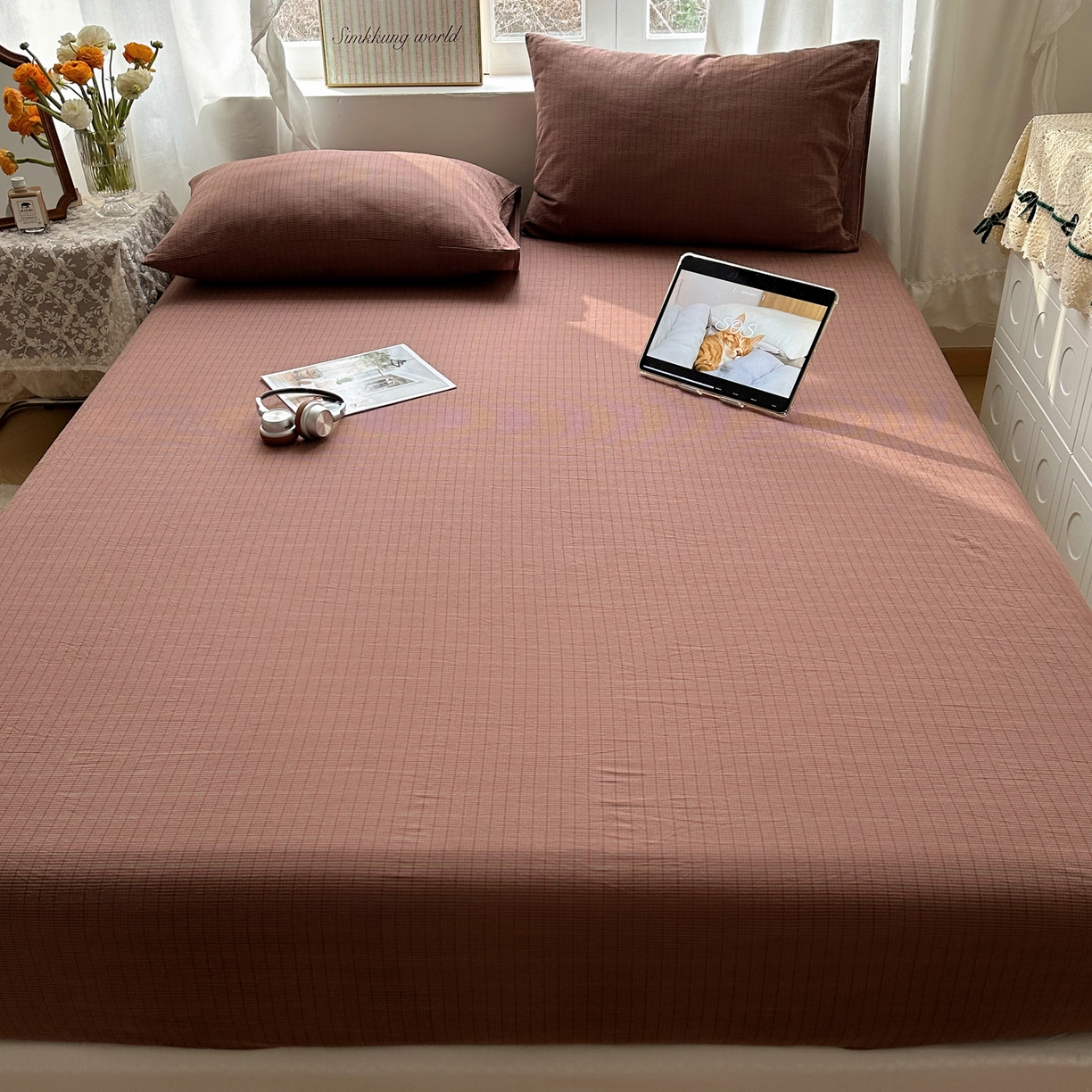 91家纺网 家纺一手货源 找家纺 六巷胡同 2026新款A类全棉纯棉水洗棉色织格子单品床笠 床笠单件 逐风-红格