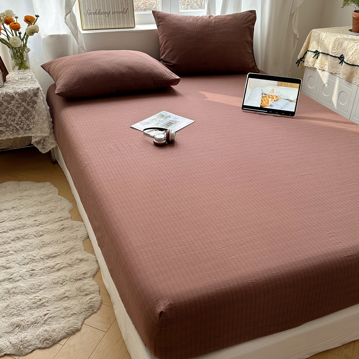 91家纺网 家纺一手货源 找家纺 六巷胡同 2026新款A类全棉纯棉水洗棉色织格子单品床笠 床笠单件 逐风-红格