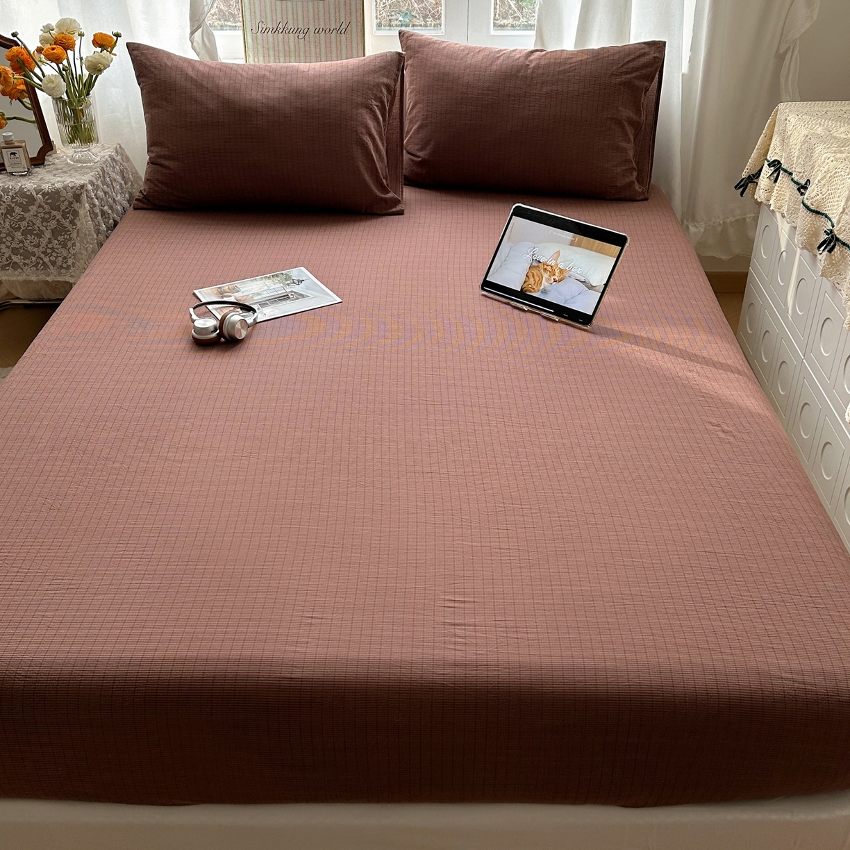 91家纺网 家纺一手货源 找家纺 六巷胡同 2026新款A类全棉纯棉水洗棉色织格子单品床笠 床笠单件 逐风-红格