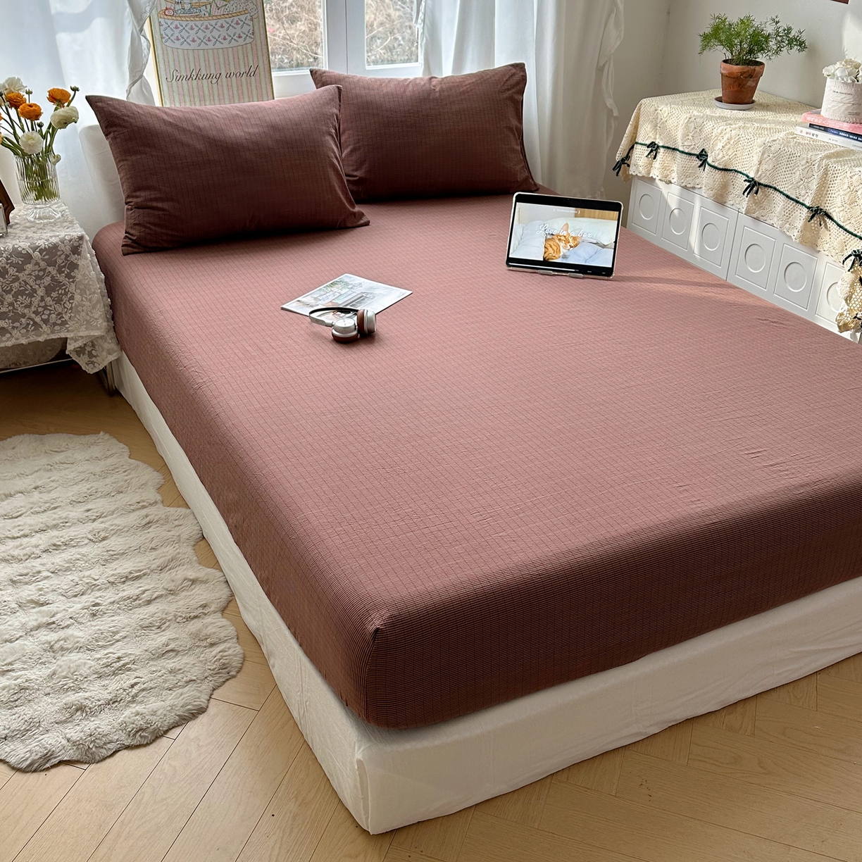 91家纺网 家纺一手货源 找家纺 六巷胡同 2026新款A类全棉纯棉水洗棉色织格子单品床笠 床笠单件 逐风-红格