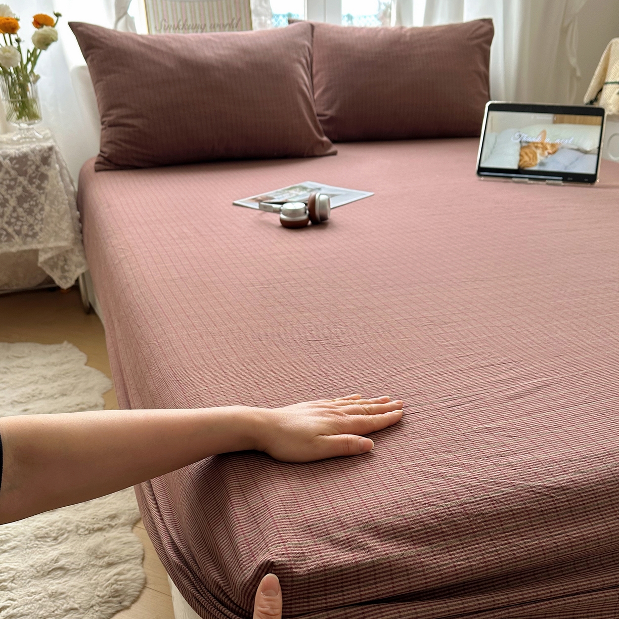 91家纺网 家纺一手货源 找家纺 六巷胡同 2026新款A类全棉纯棉水洗棉色织格子单品床笠 床笠单件 逐风-红格