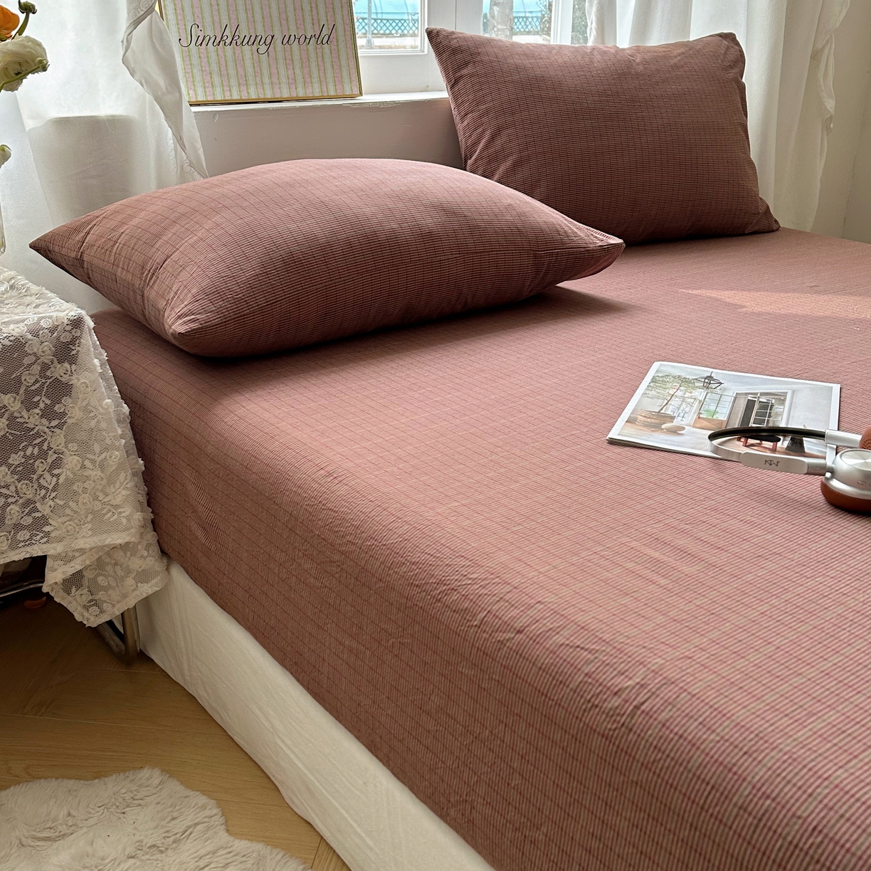 91家纺网 家纺一手货源 找家纺 六巷胡同 2026新款A类全棉纯棉水洗棉色织格子单品床笠 床笠单件 逐风-红格