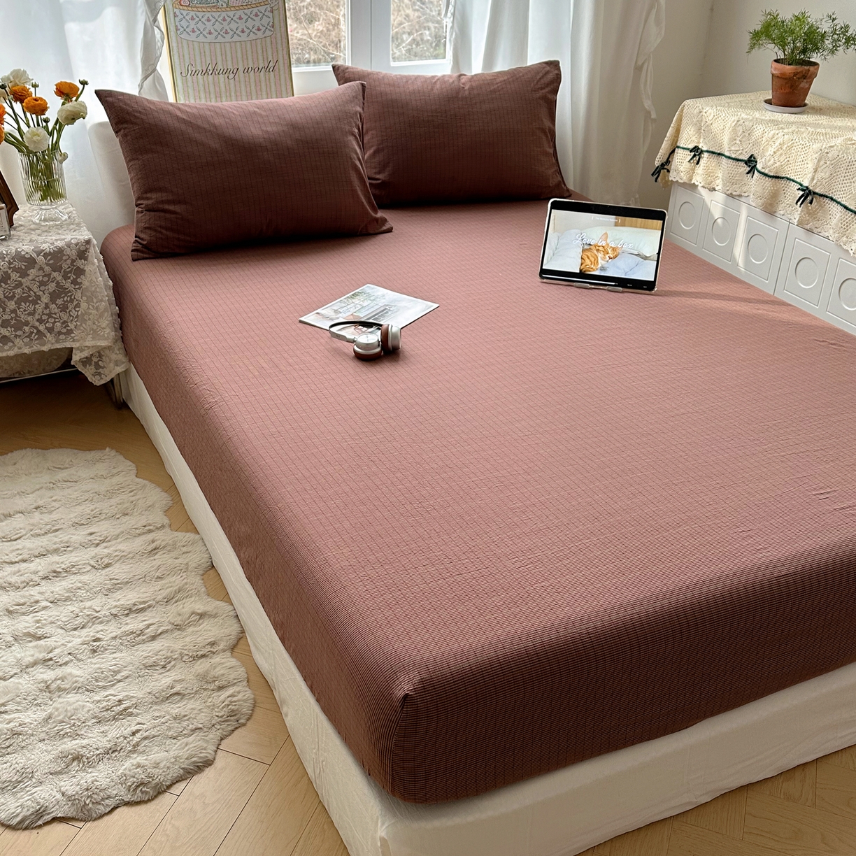 91家纺网 家纺一手货源 找家纺 六巷胡同 2026新款A类全棉纯棉水洗棉色织格子单品床笠 床笠单件 逐风-红格