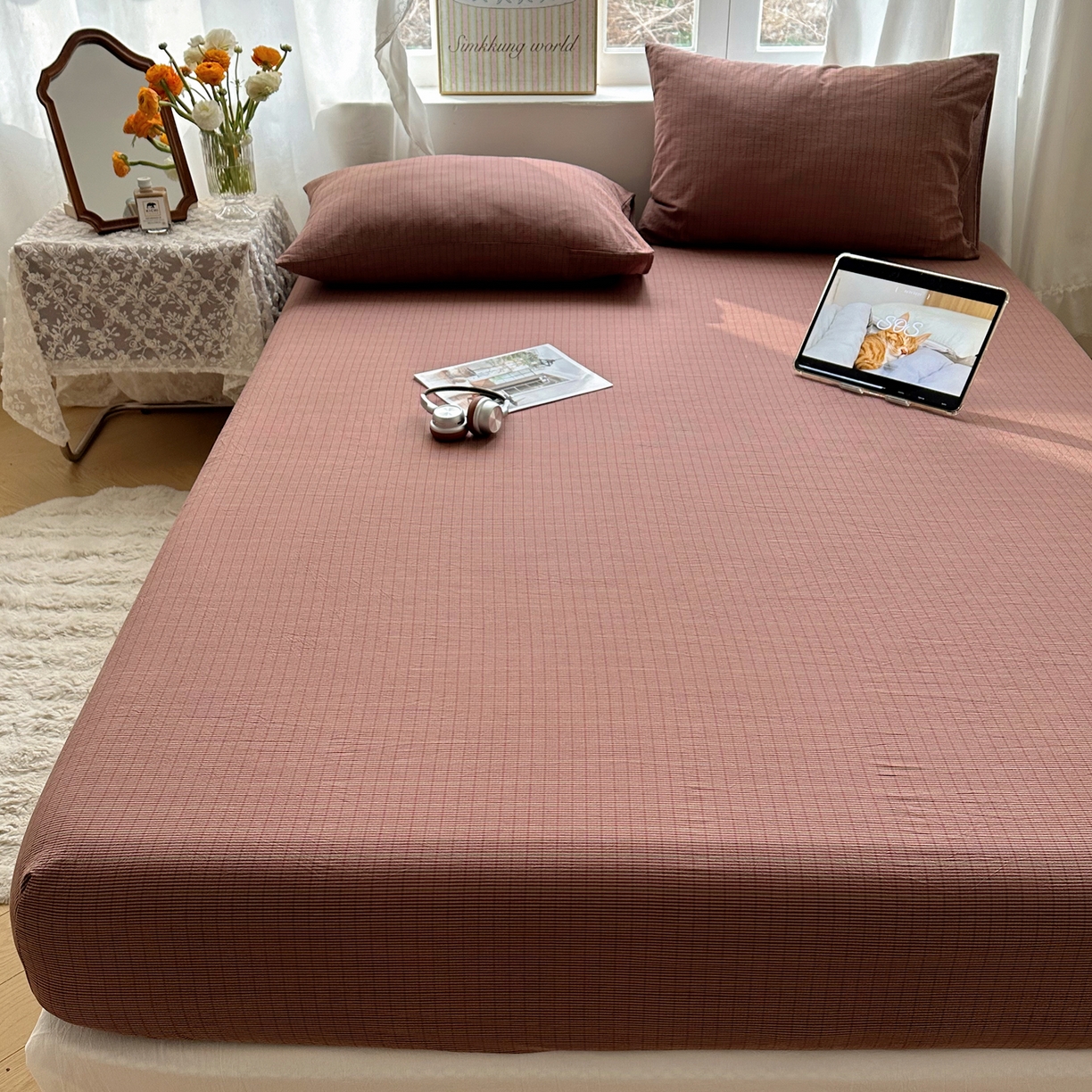 91家纺网 家纺一手货源 找家纺 六巷胡同 2026新款A类全棉纯棉水洗棉色织格子单品床笠 床笠单件 逐风-红格