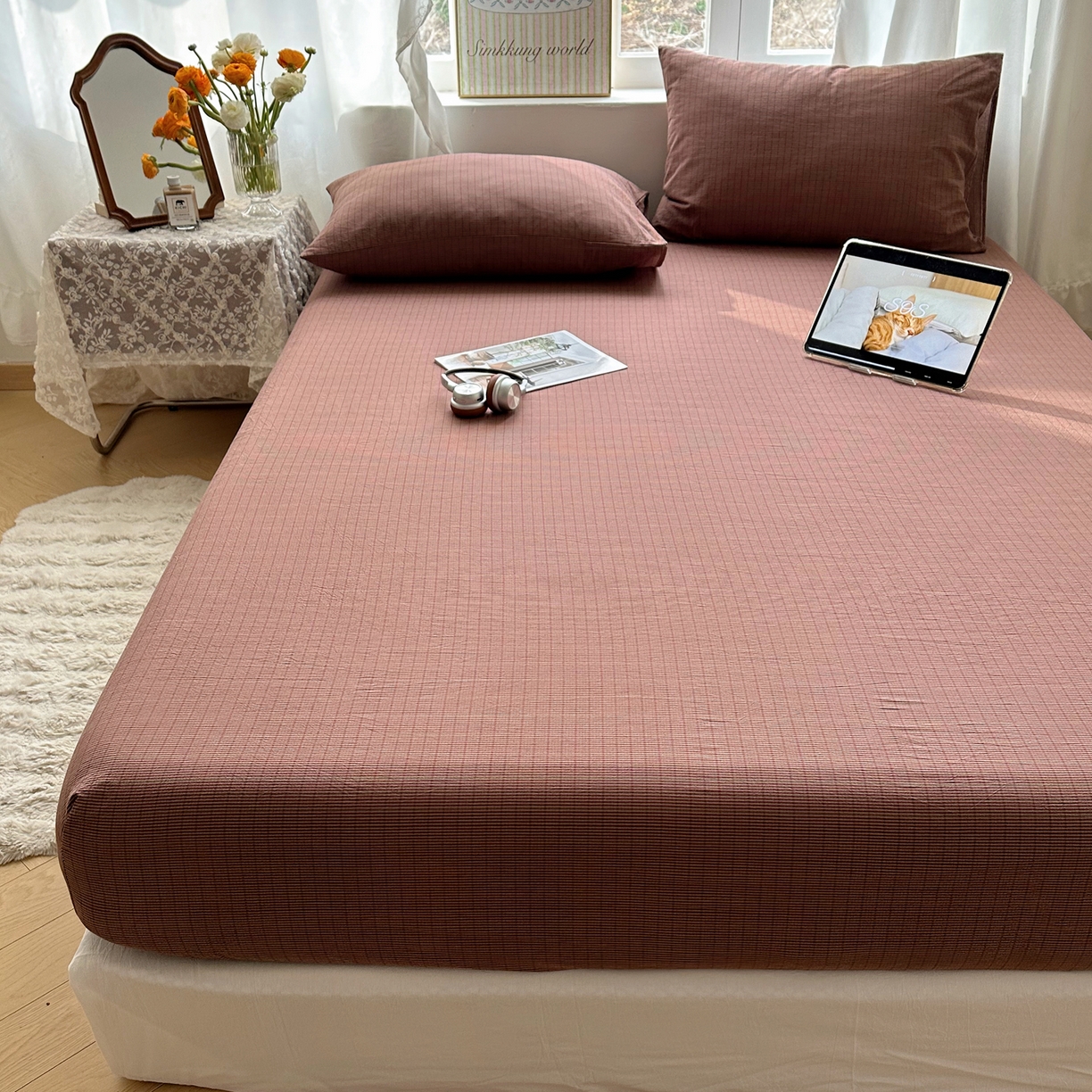 91家纺网 家纺一手货源 找家纺 六巷胡同 2026新款A类全棉纯棉水洗棉色织格子单品床笠 床笠单件 逐风-红格