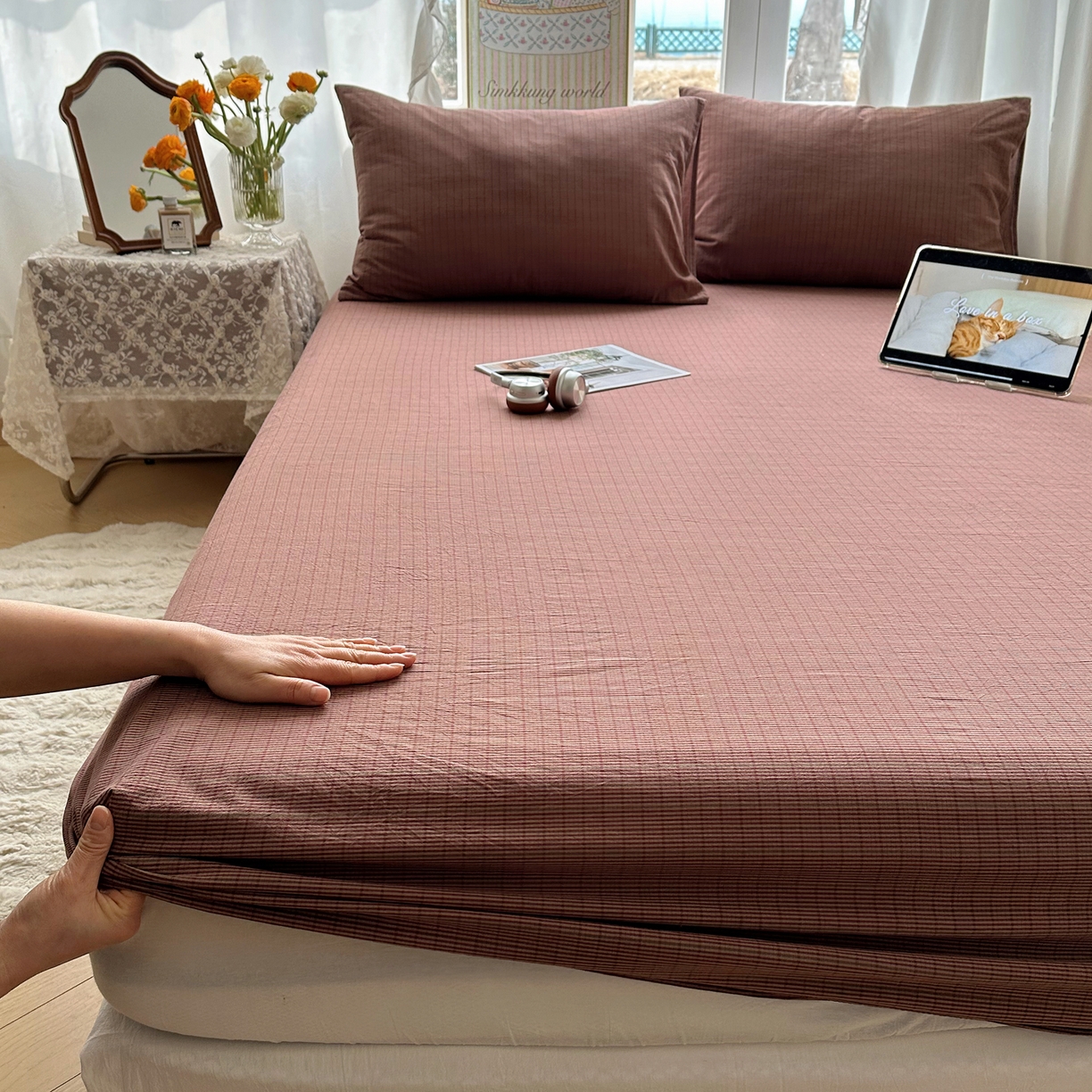 91家纺网 家纺一手货源 找家纺 六巷胡同 2026新款A类全棉纯棉水洗棉色织格子单品床笠 床笠单件 逐风-红格