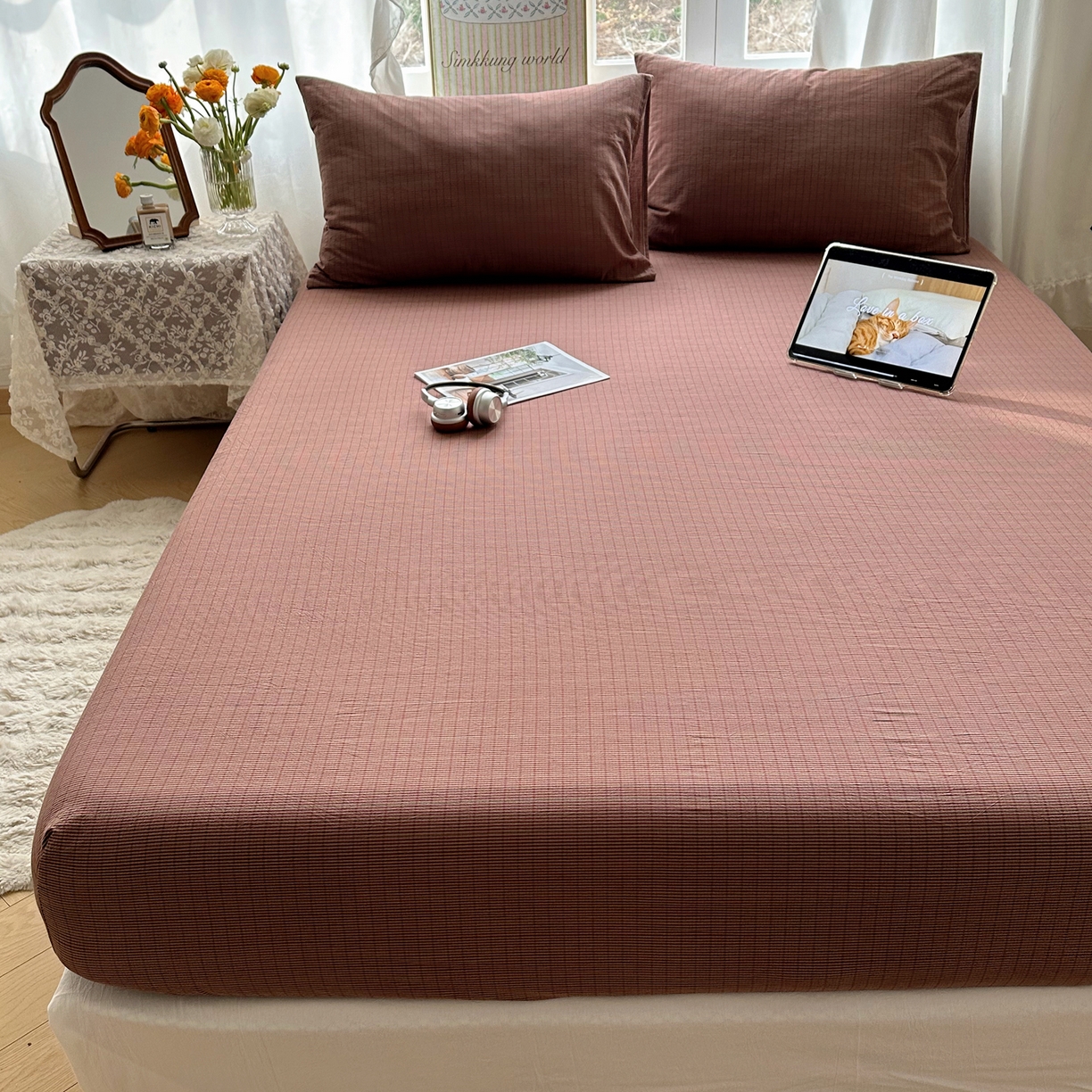 91家纺网 家纺一手货源 找家纺 六巷胡同 2026新款A类全棉纯棉水洗棉色织格子单品床笠 床笠单件 逐风-红格