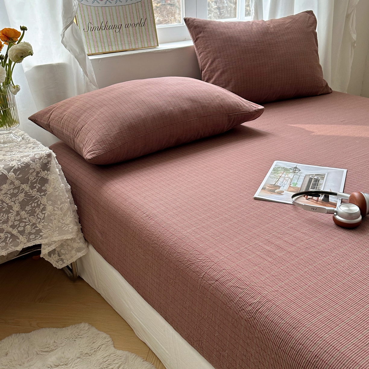 91家纺网 家纺一手货源 找家纺 六巷胡同 2026新款A类全棉纯棉水洗棉色织格子单品床笠 床笠单件 逐风-红格