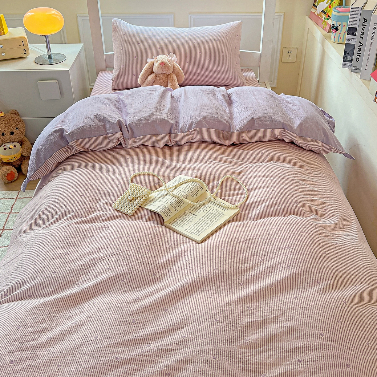 91家纺网 家纺一手货源 找家纺 纽缦家纺 2026新款云感提花双层纱学生床韩版床单床笠三四件套 倾心紫