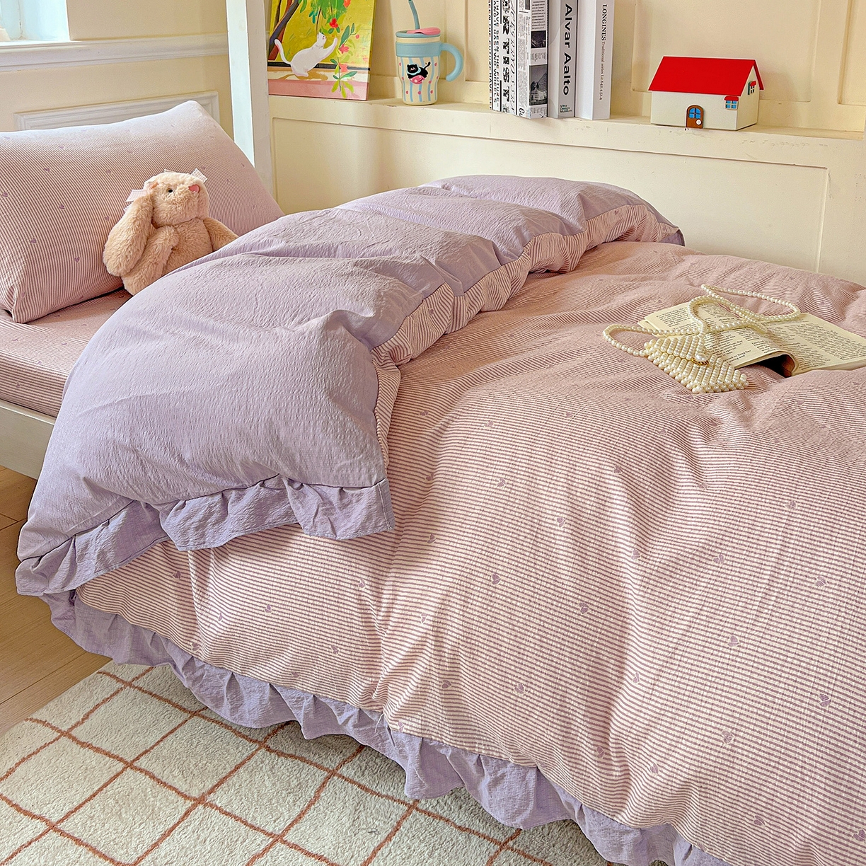 91家纺网 家纺一手货源 找家纺 纽缦家纺 2026新款云感提花双层纱学生床韩版床单床笠三四件套 倾心紫