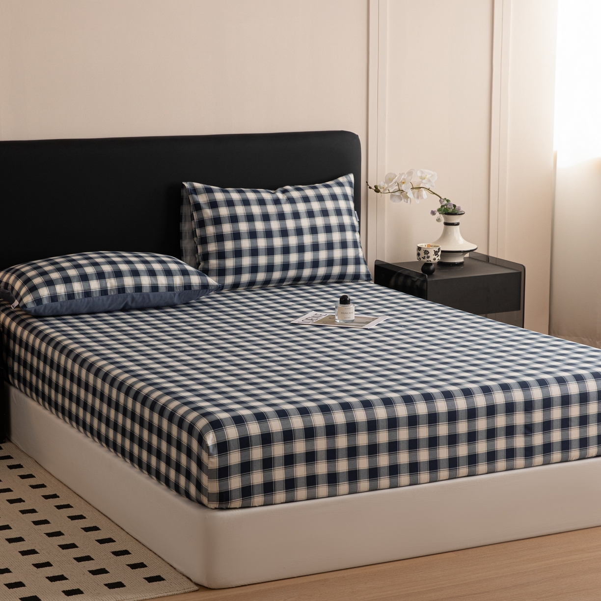 91家纺网 家纺一手货源 找家纺 简宜家居（朝初家纺） 2026新款40支13070全棉简约格子系列A版床笠 藏青学院