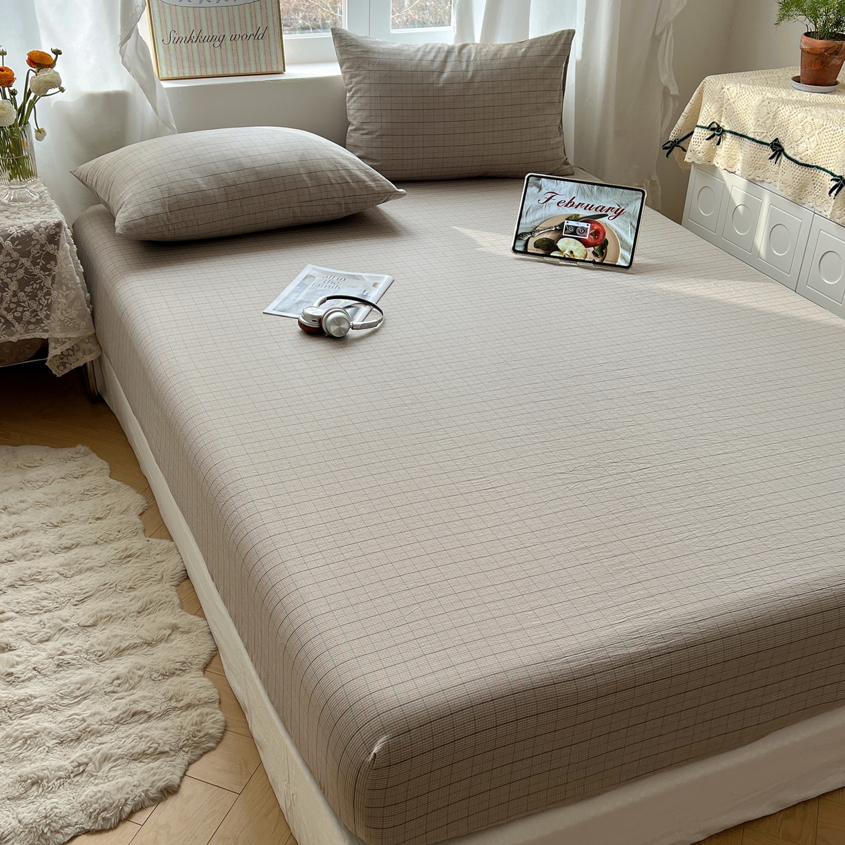 六巷胡同 2026新款A类全棉纯棉水洗棉色织格子单品床笠 床笠单件 逐风-灰格