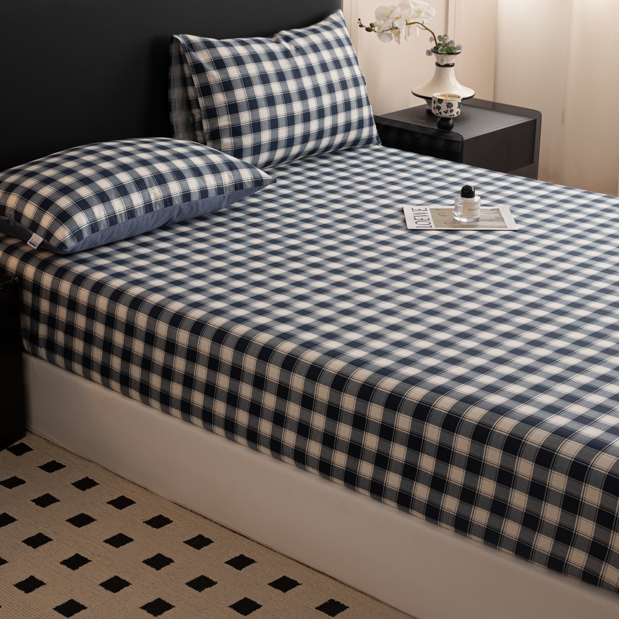 91家纺网 家纺一手货源 找家纺 简宜家居（朝初家纺） 2026新款40支13070全棉简约格子系列A版床笠 藏青学院