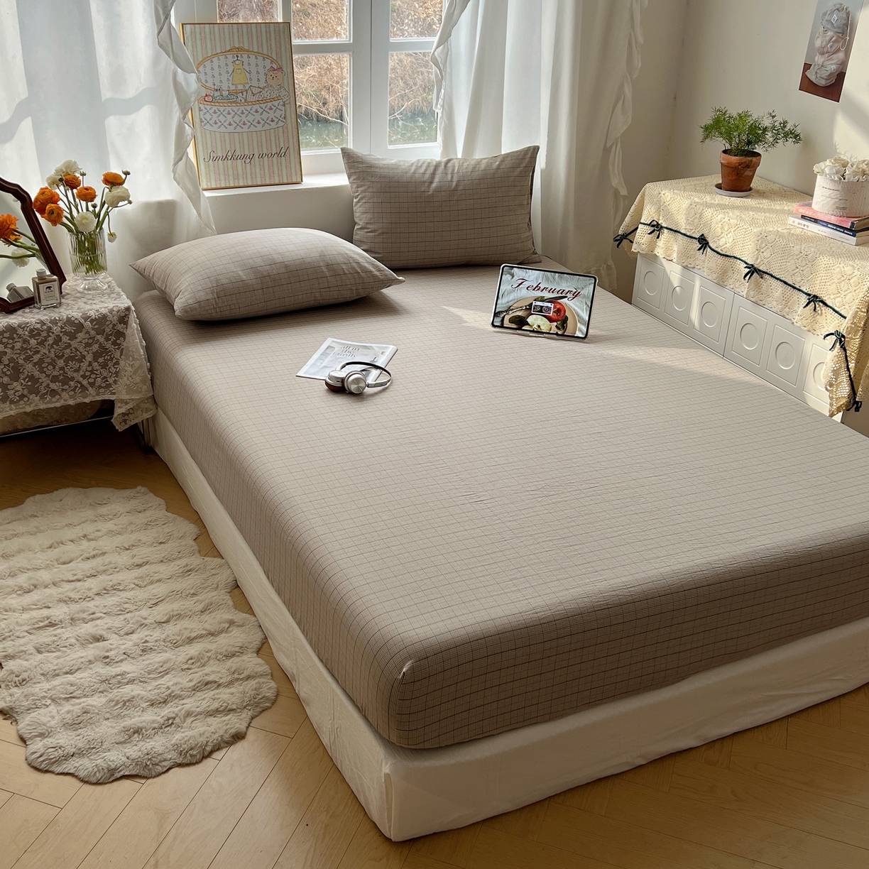 91家纺网 家纺一手货源 找家纺 六巷胡同 2026新款A类全棉纯棉水洗棉色织格子单品床笠 床笠单件 逐风-灰格