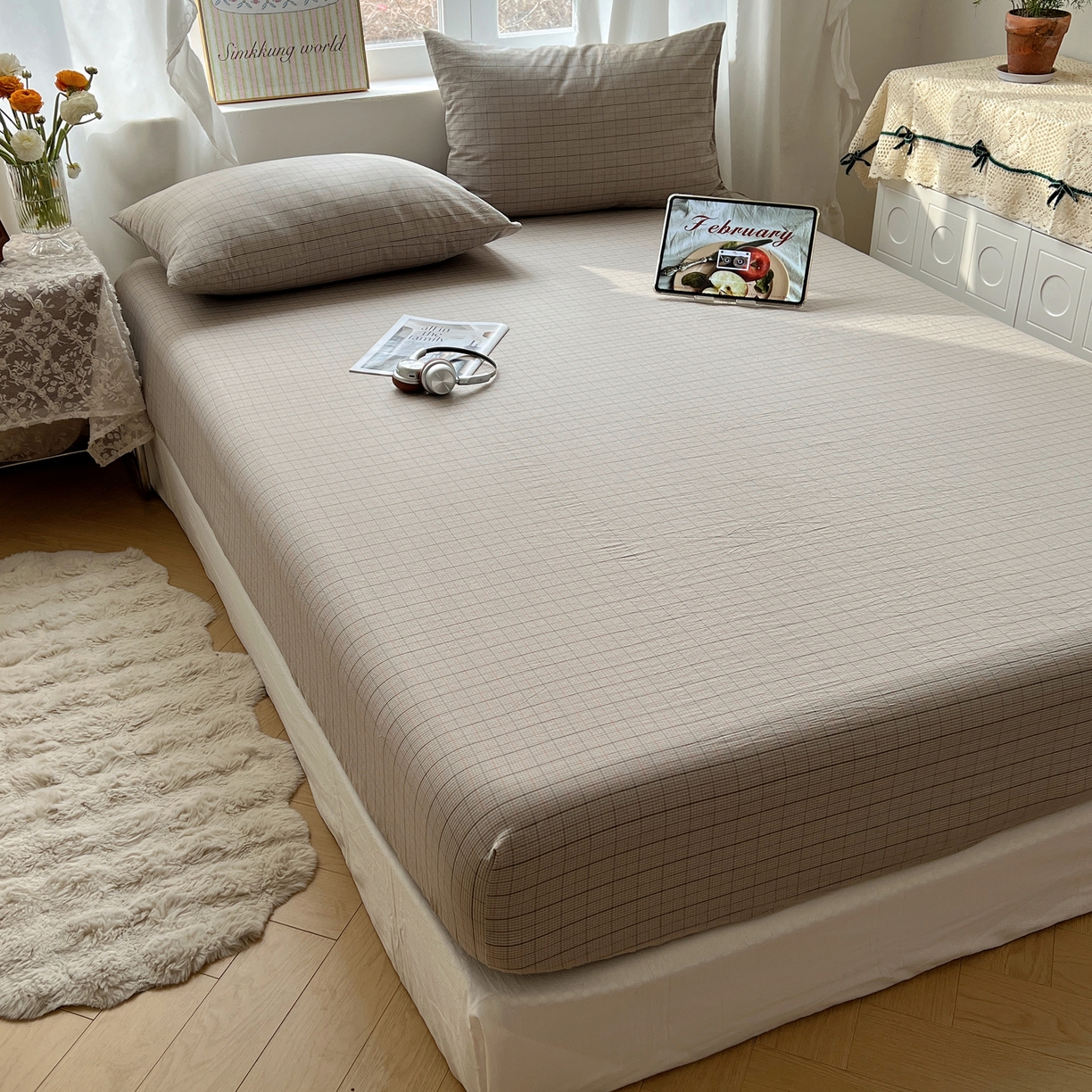 91家纺网 家纺一手货源 找家纺 六巷胡同 2026新款A类全棉纯棉水洗棉色织格子单品床笠 床笠单件 逐风-灰格