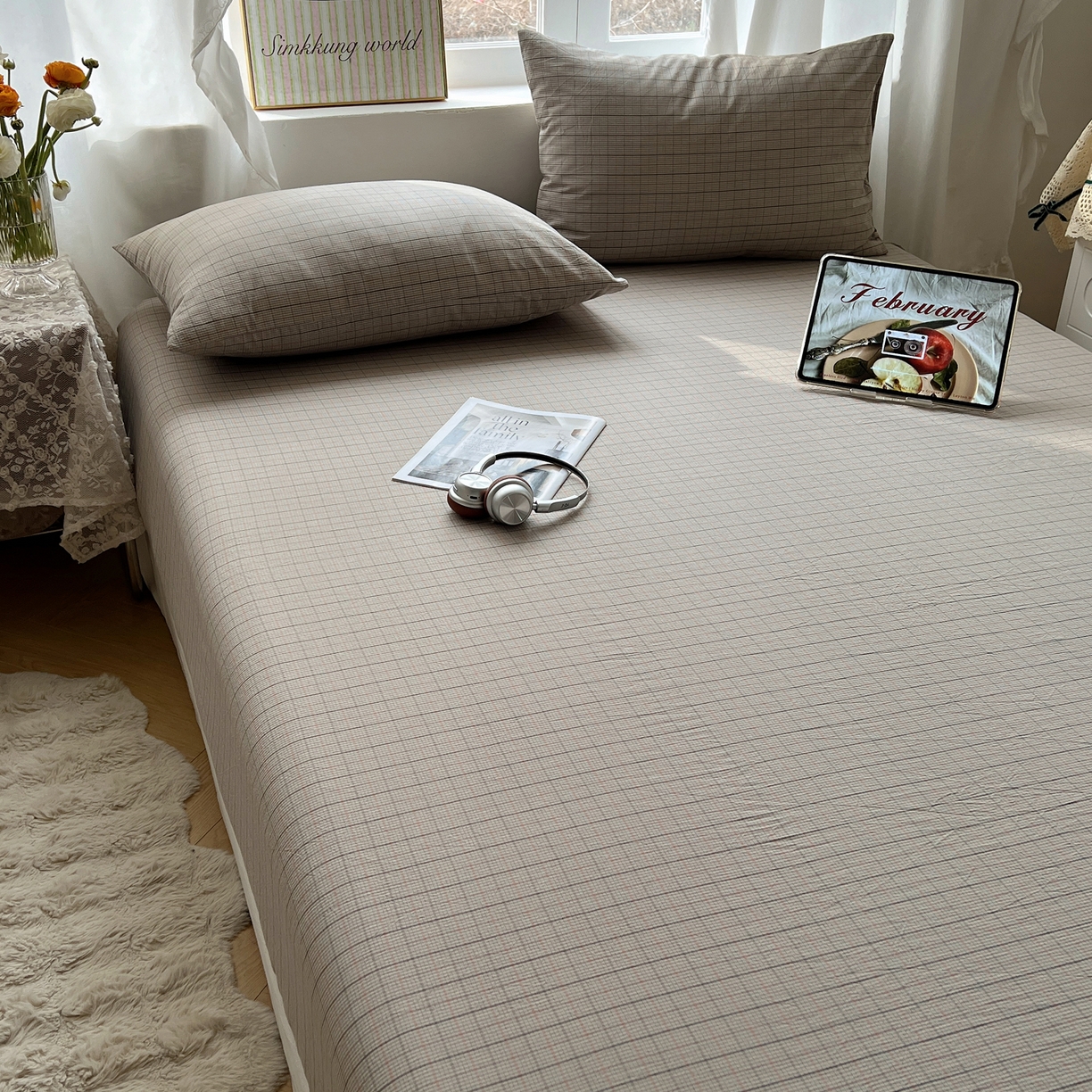 91家纺网 家纺一手货源 找家纺 六巷胡同 2026新款A类全棉纯棉水洗棉色织格子单品床笠 床笠单件 逐风-灰格