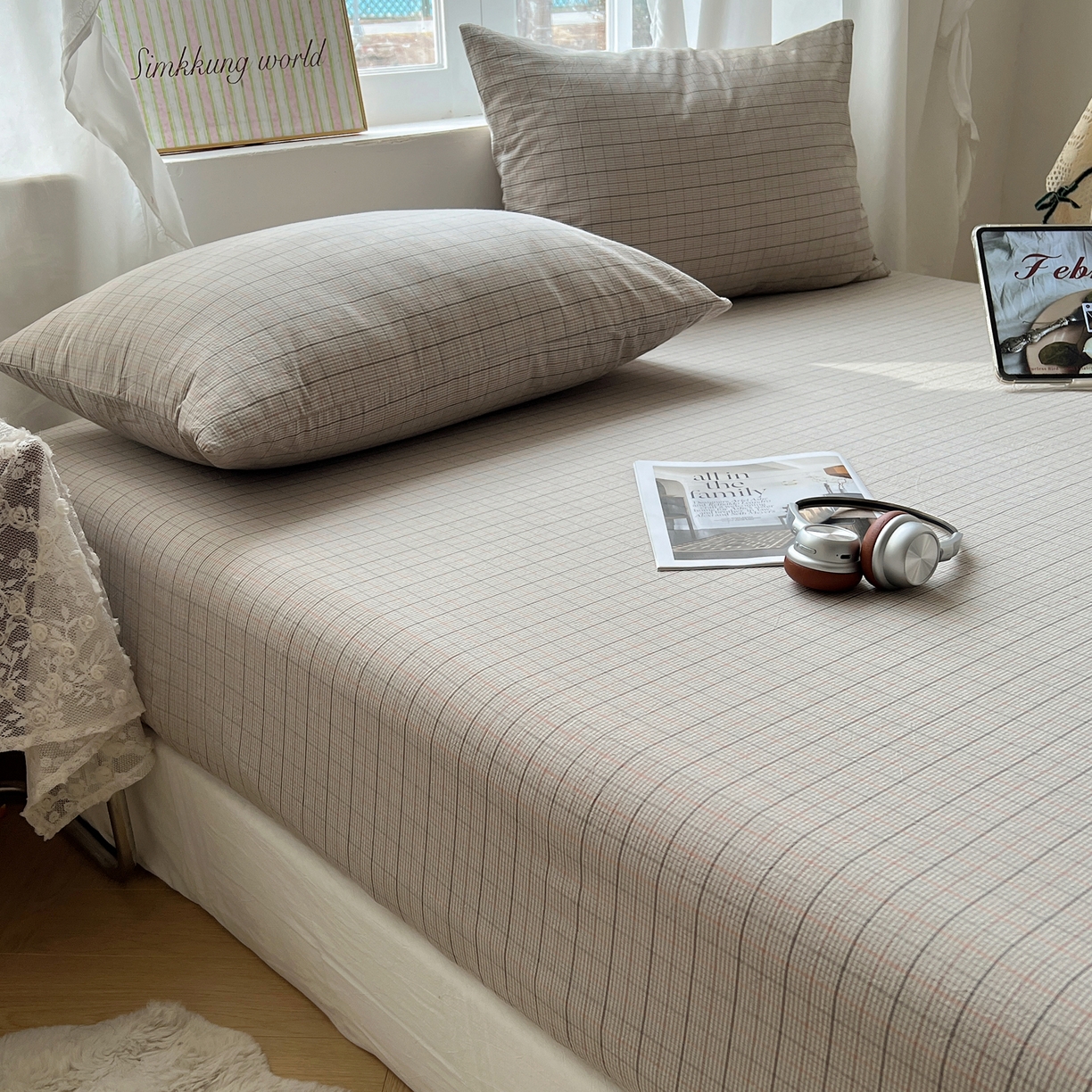 91家纺网 家纺一手货源 找家纺 六巷胡同 2026新款A类全棉纯棉水洗棉色织格子单品床笠 床笠单件 逐风-灰格