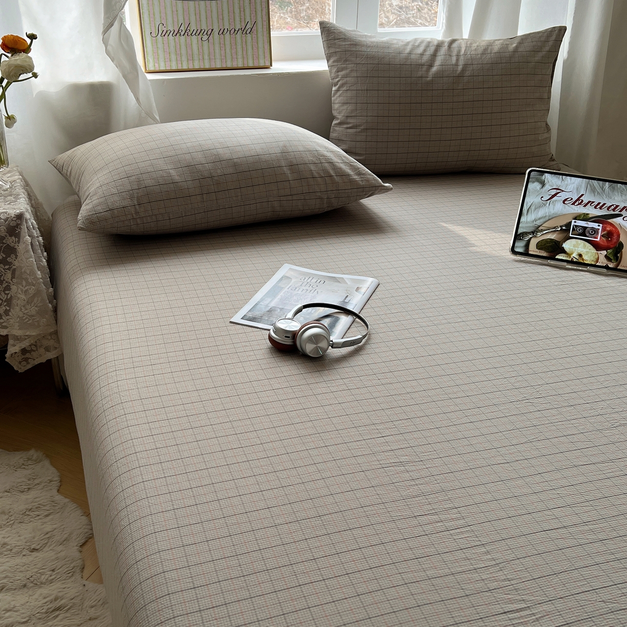 91家纺网 家纺一手货源 找家纺 六巷胡同 2026新款A类全棉纯棉水洗棉色织格子单品床笠 床笠单件 逐风-灰格