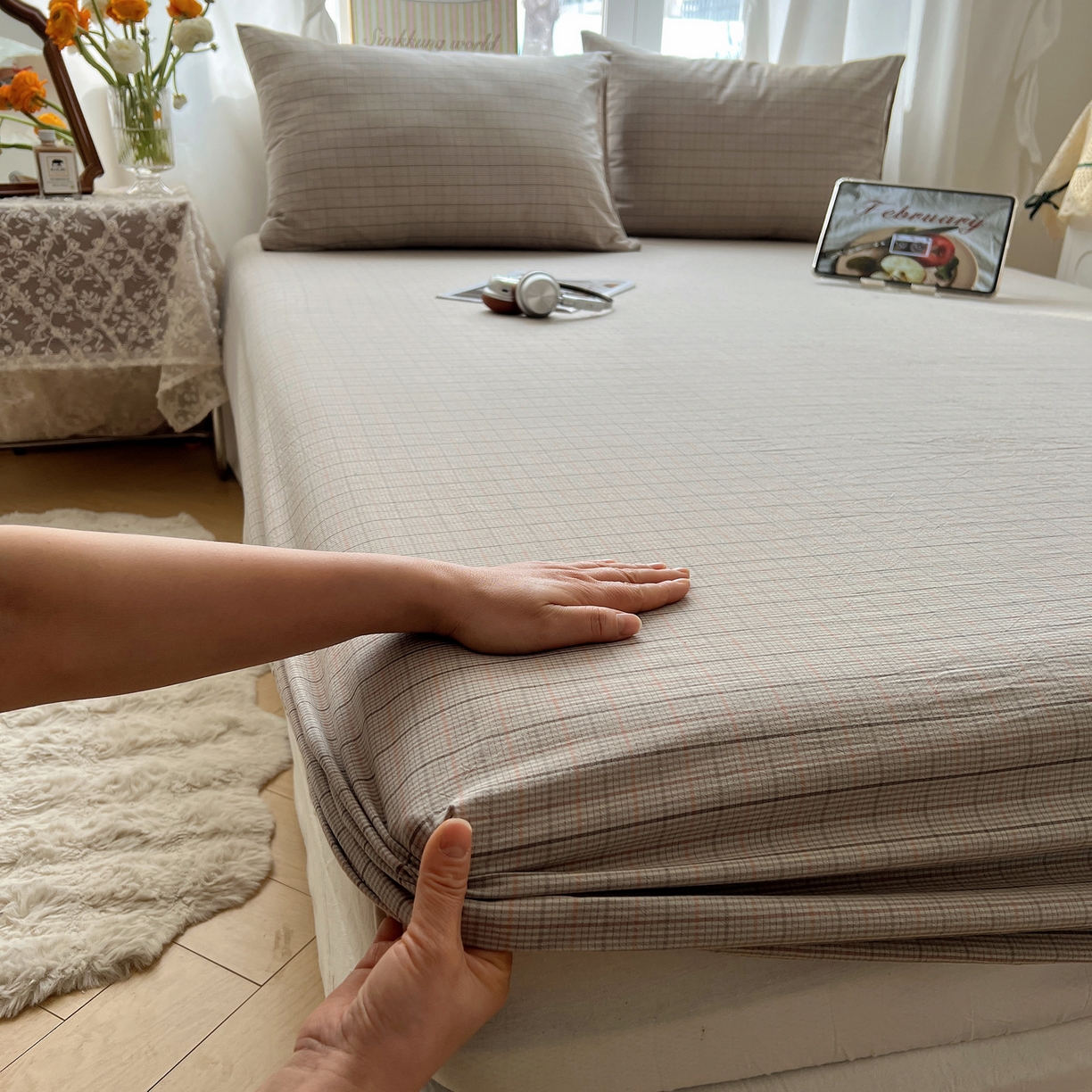 91家纺网 家纺一手货源 找家纺 六巷胡同 2026新款A类全棉纯棉水洗棉色织格子单品床笠 床笠单件 逐风-灰格