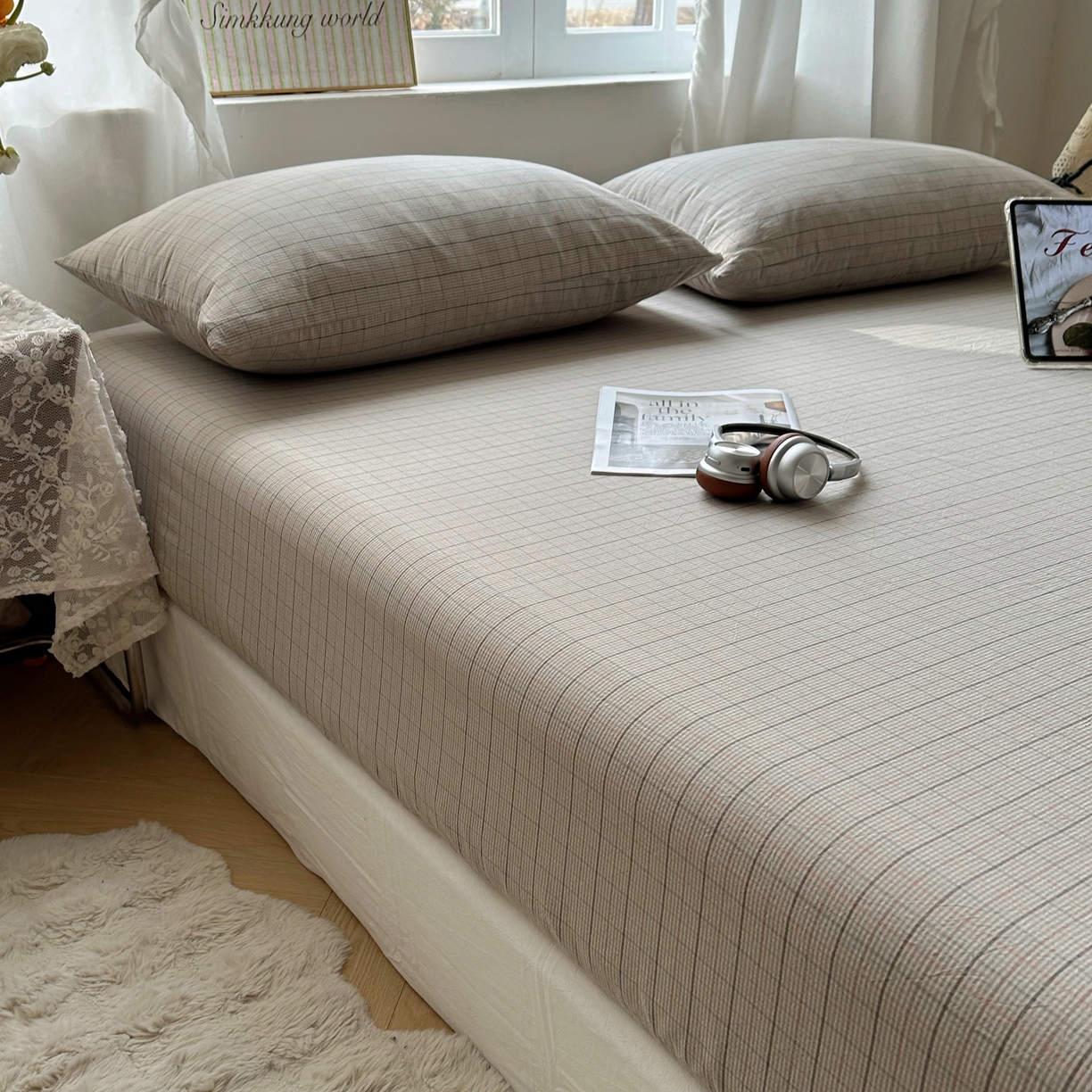 91家纺网 家纺一手货源 找家纺 六巷胡同 2026新款A类全棉纯棉水洗棉色织格子单品床笠 床笠单件 逐风-灰格