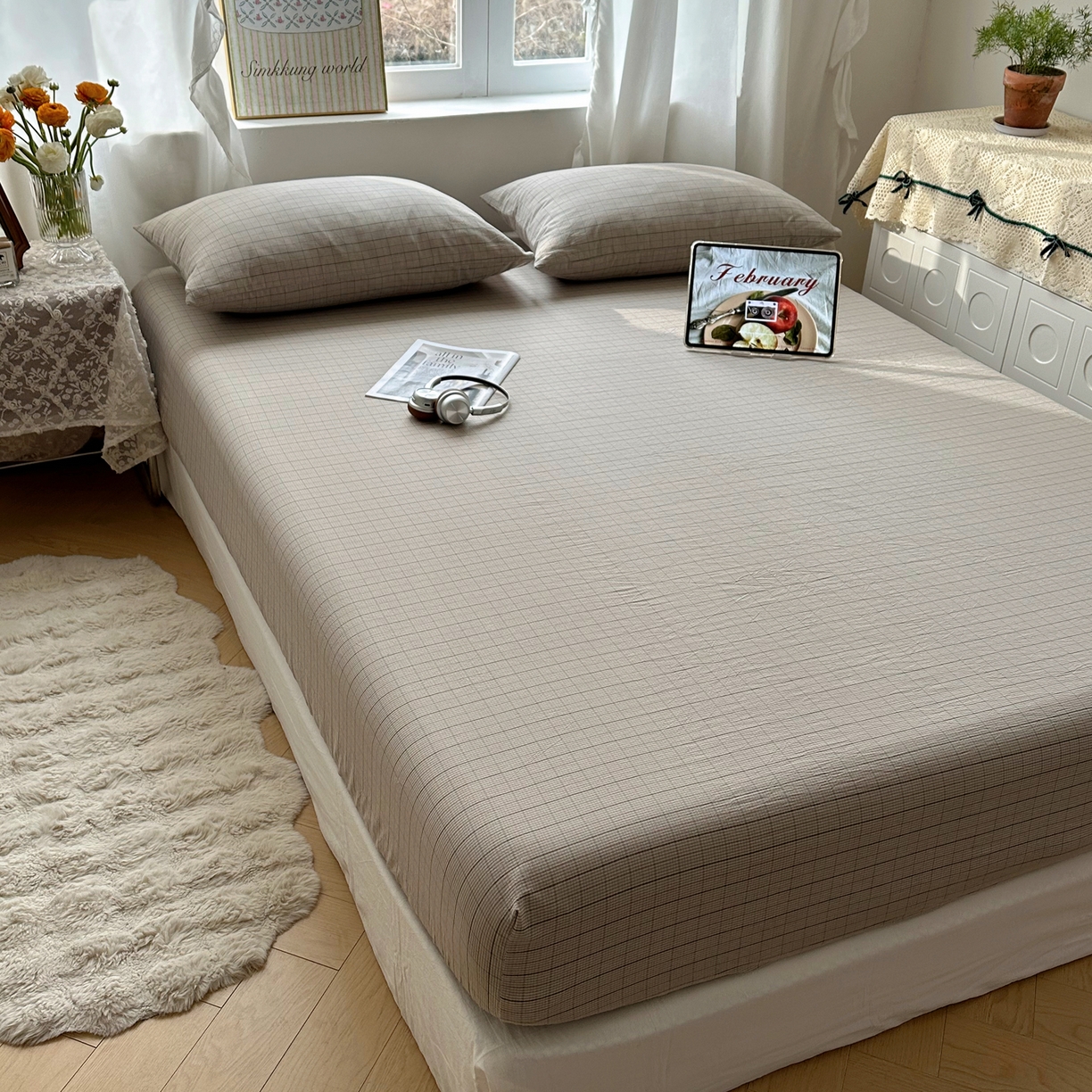 91家纺网 家纺一手货源 找家纺 六巷胡同 2026新款A类全棉纯棉水洗棉色织格子单品床笠 床笠单件 逐风-灰格