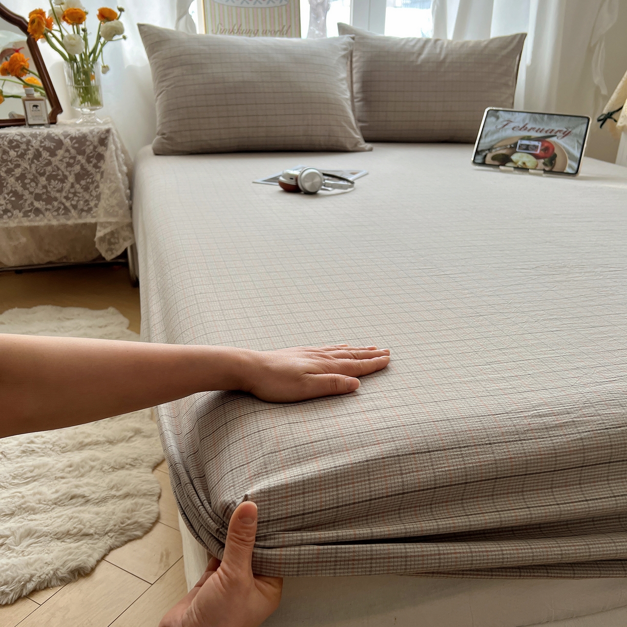 91家纺网 家纺一手货源 找家纺 六巷胡同 2026新款A类全棉纯棉水洗棉色织格子单品床笠 床笠单件 逐风-灰格