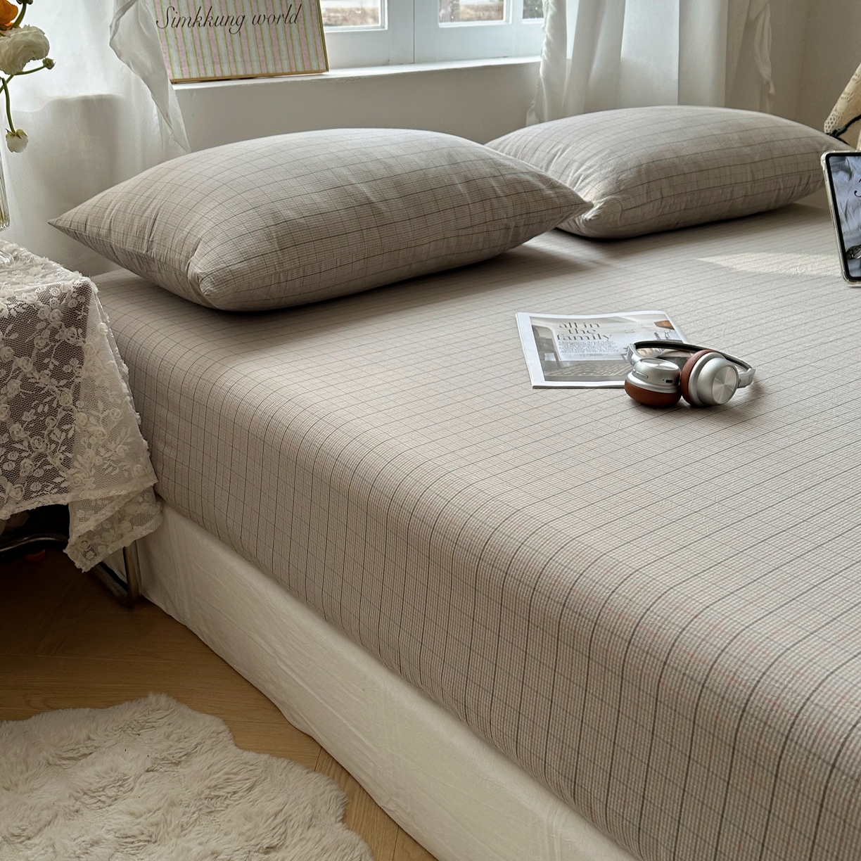 91家纺网 家纺一手货源 找家纺 六巷胡同 2026新款A类全棉纯棉水洗棉色织格子单品床笠 床笠单件 逐风-灰格