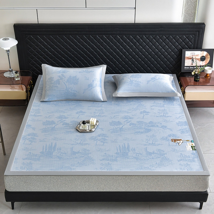 91家纺网 家纺一手货源 找家纺 小牛席业 2026新款【实拍风格】双PE高凉感-托斯卡纳凉感大提花冰丝席席子凉席 蓝色