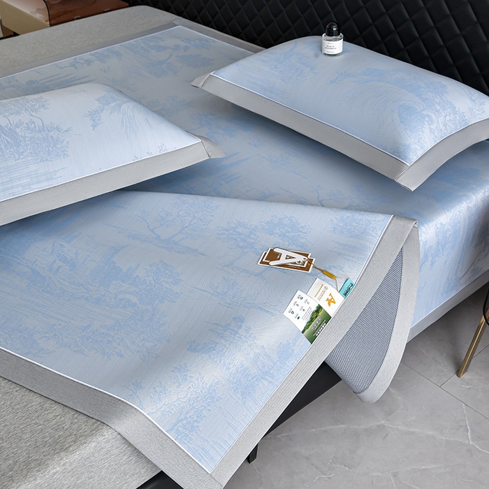 91家纺网 家纺一手货源 找家纺 小牛席业 2026新款【实拍风格】双PE高凉感-托斯卡纳凉感大提花冰丝席席子凉席 蓝色