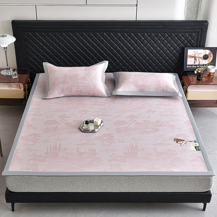 91家纺网 家纺一手货源 找家纺 小牛席业 2026新款【实拍风格】双PE高凉感-托斯卡纳凉感大提花冰丝席席子凉席 粉色