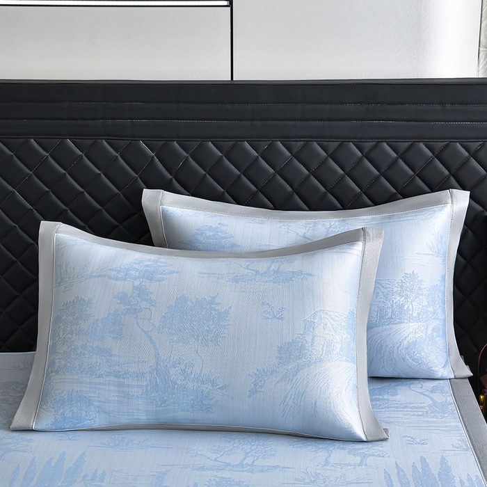 91家纺网 家纺一手货源 找家纺 小牛席业 2026新款【实拍风格】双PE高凉感-托斯卡纳凉感大提花冰丝席席子凉席 蓝色