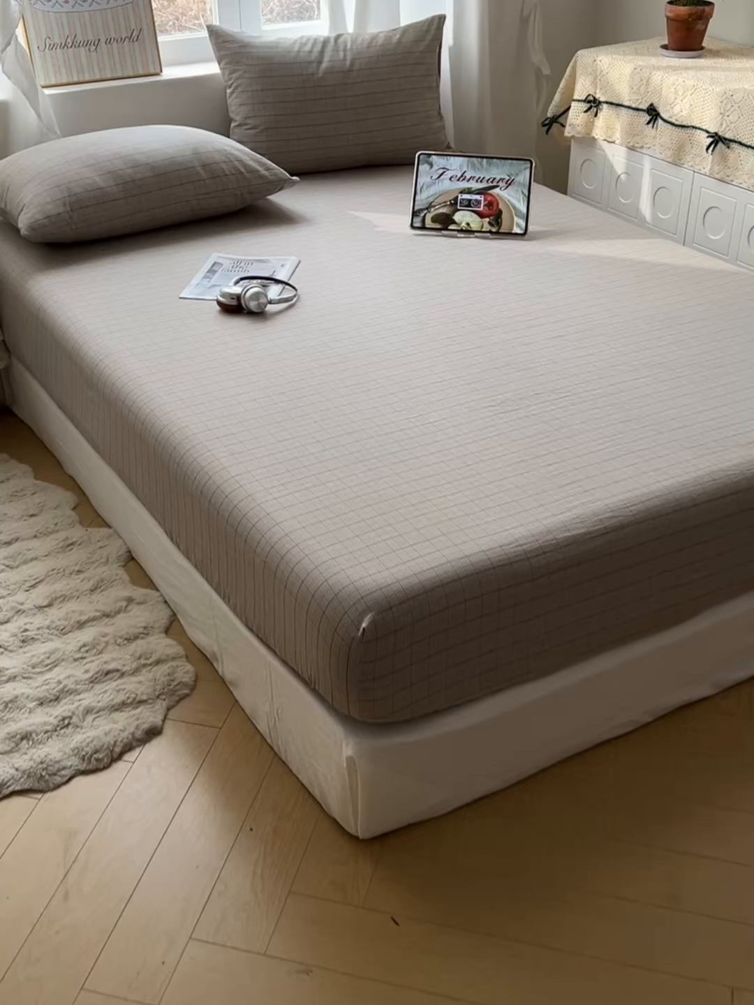 91家纺网 家纺一手货源 找家纺 六巷胡同 2026新款A类全棉纯棉水洗棉色织格子单品床笠 床笠单件 逐风-灰格