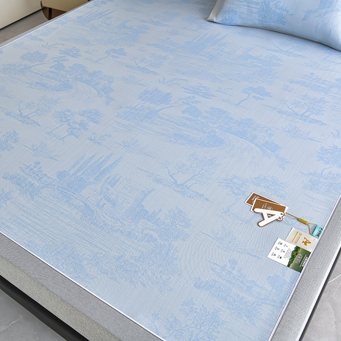 91家纺网 家纺一手货源 找家纺 小牛席业 2026新款【实拍风格】双PE高凉感-托斯卡纳凉感大提花冰丝席席子凉席 蓝色