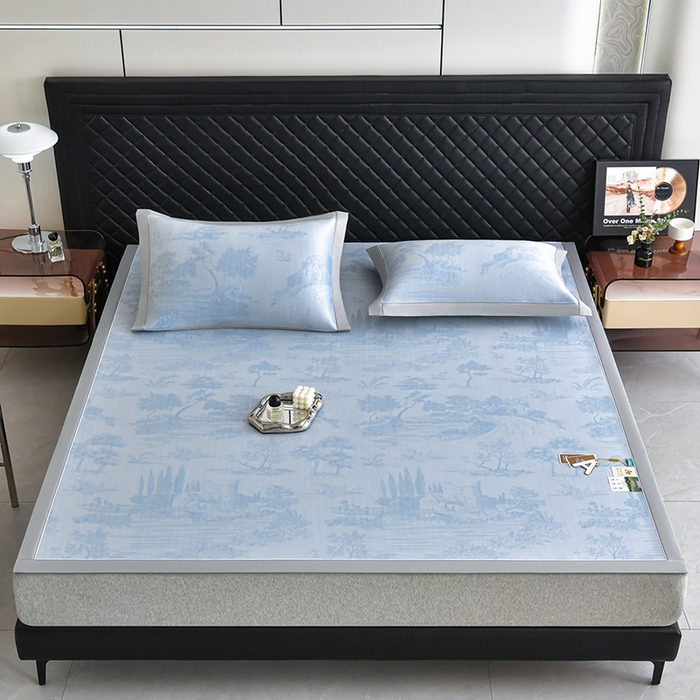 91家纺网 家纺一手货源 找家纺 小牛席业 2026新款【实拍风格】双PE高凉感-托斯卡纳凉感大提花冰丝席席子凉席 蓝色