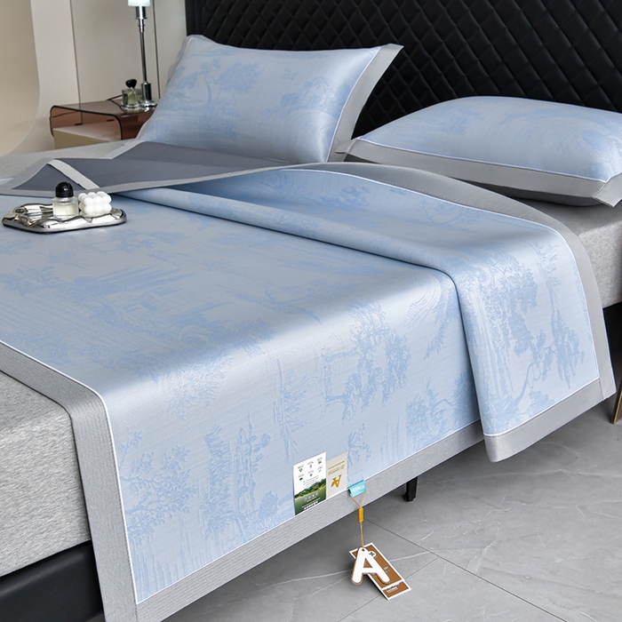 91家纺网 家纺一手货源 找家纺 小牛席业 2026新款【实拍风格】双PE高凉感-托斯卡纳凉感大提花冰丝席席子凉席 蓝色