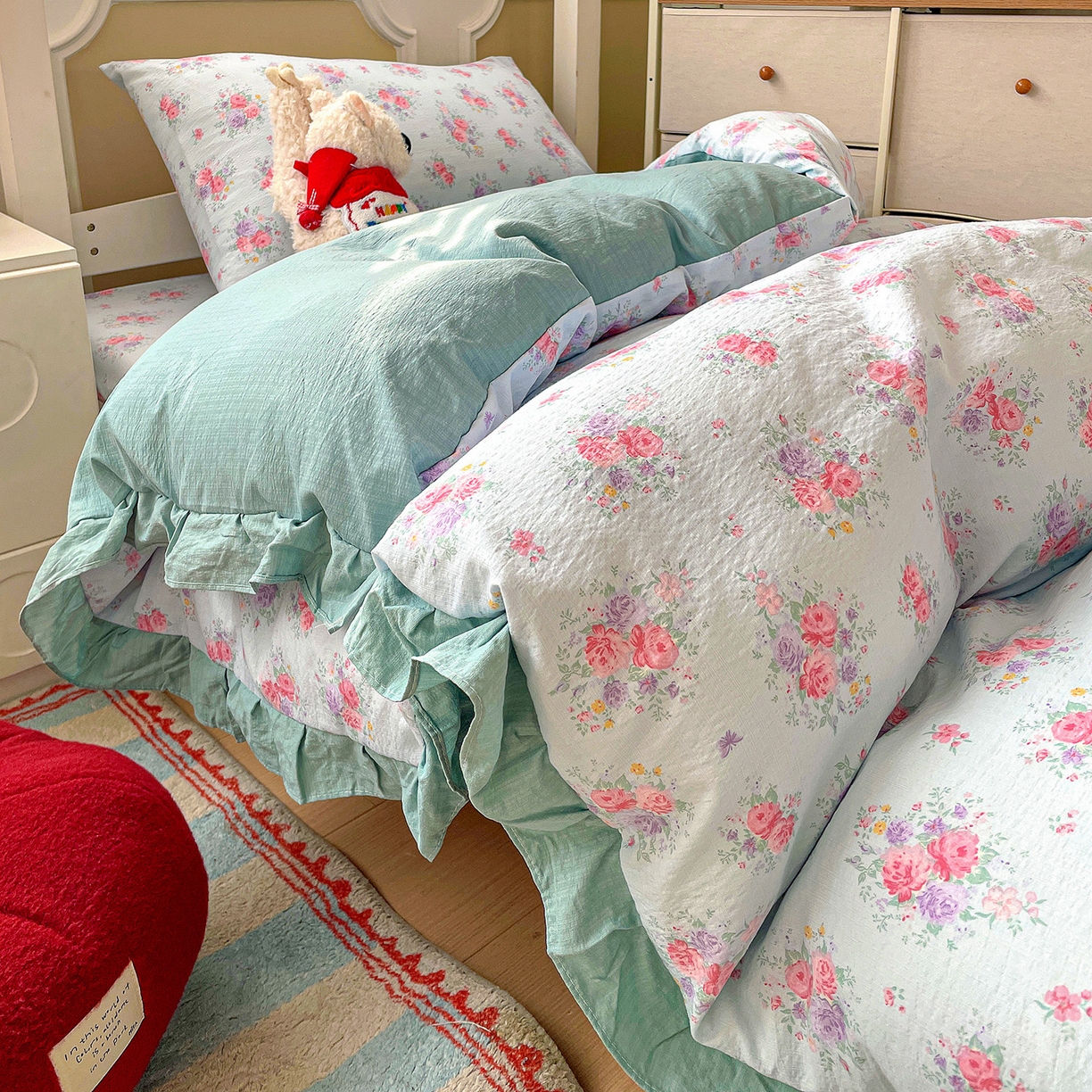 纽缦家纺 2026新款云感提花双层纱学生床韩版床单床笠三四件套 清风与雾蓝