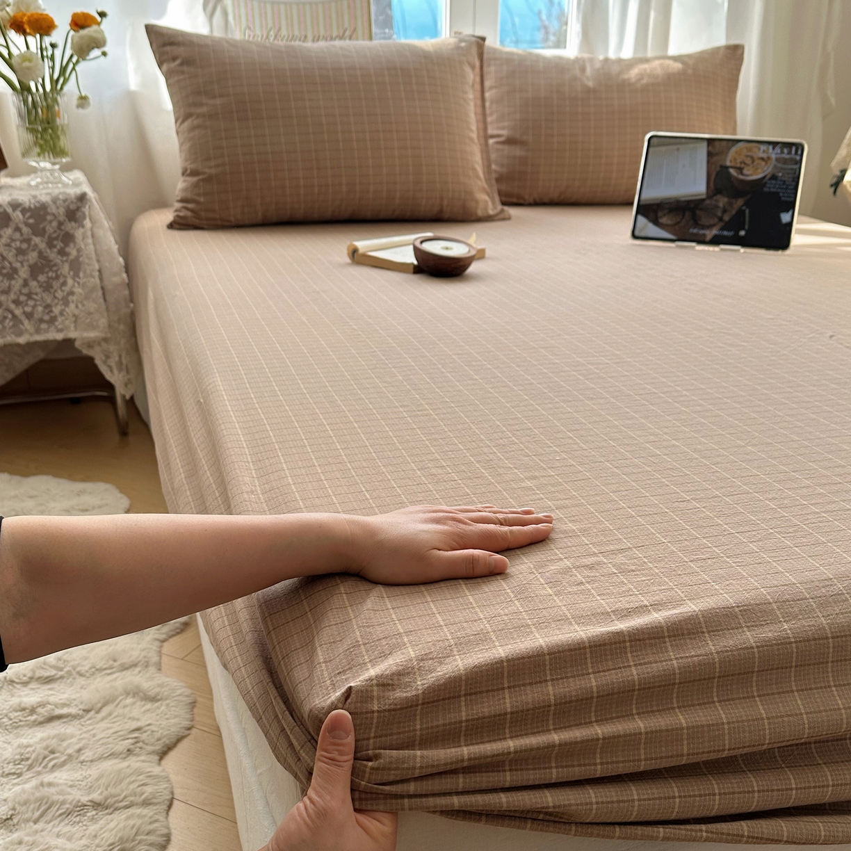 91家纺网 家纺一手货源 找家纺 六巷胡同 2026新款A类全棉纯棉水洗棉色织格子单品床笠 床笠单件 逐风-咖格