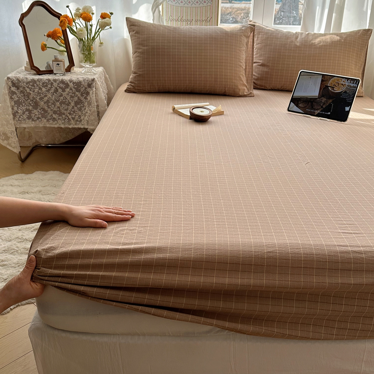 91家纺网 家纺一手货源 找家纺 六巷胡同 2026新款A类全棉纯棉水洗棉色织格子单品床笠 床笠单件 逐风-咖格