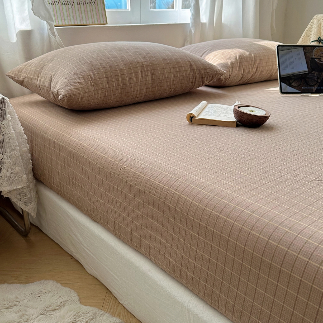 91家纺网 家纺一手货源 找家纺 六巷胡同 2026新款A类全棉纯棉水洗棉色织格子单品床笠 床笠单件 逐风-咖格