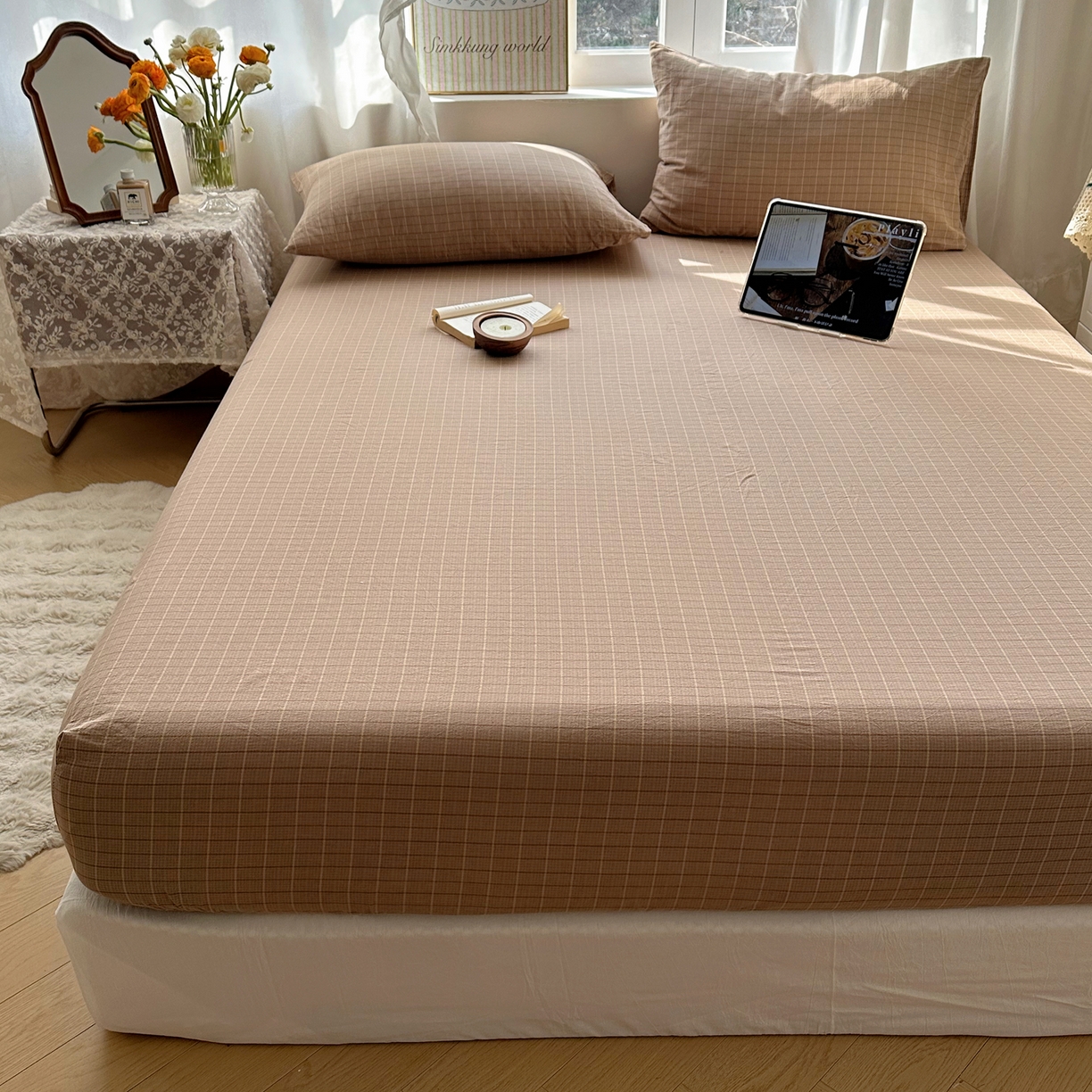 91家纺网 家纺一手货源 找家纺 六巷胡同 2026新款A类全棉纯棉水洗棉色织格子单品床笠 床笠单件 逐风-咖格