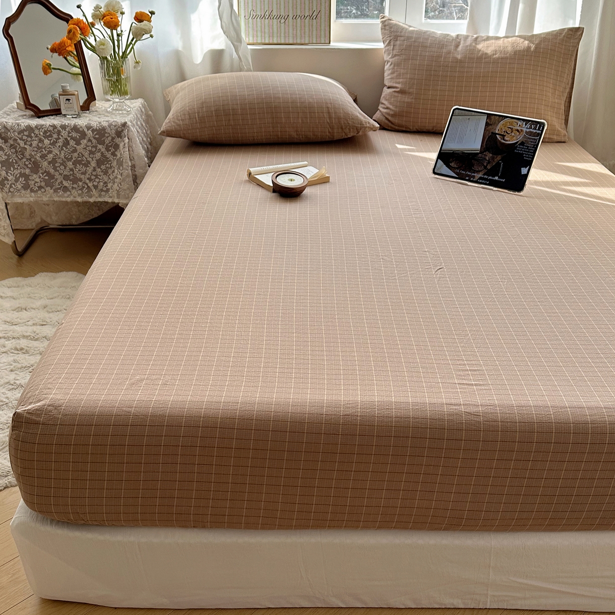 91家纺网 家纺一手货源 找家纺 六巷胡同 2026新款A类全棉纯棉水洗棉色织格子单品床笠 床笠单件 逐风-咖格