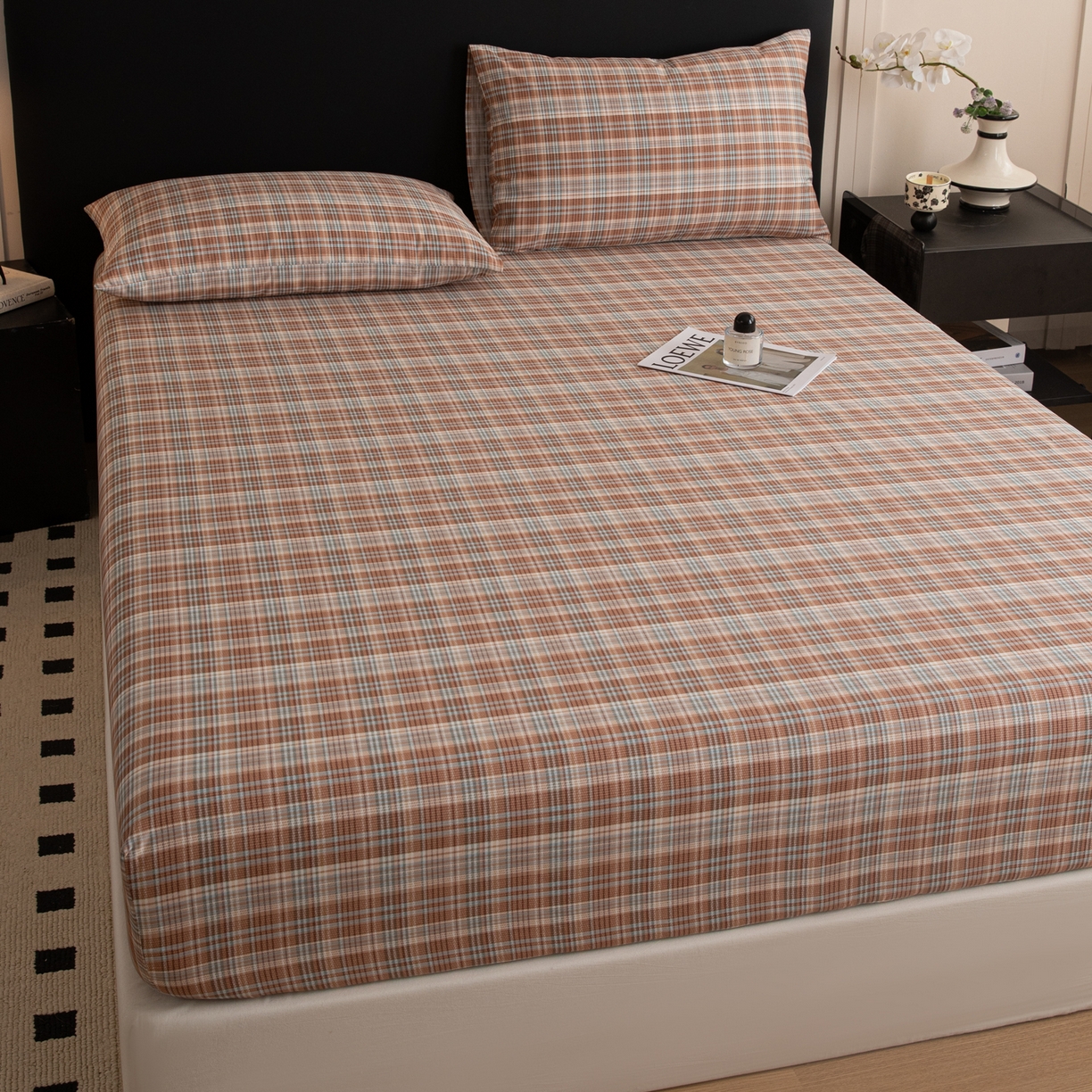 简宜家居（朝初家纺） 2026新款40支13070全棉简约格子系列A版床笠 赤茶格