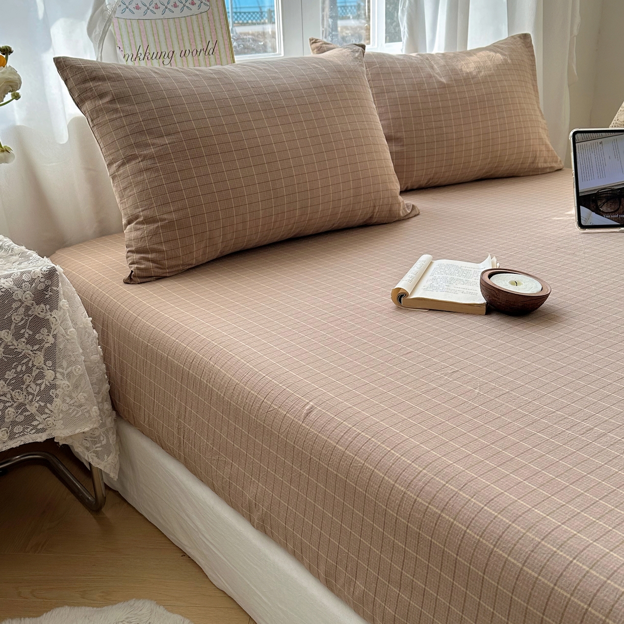 91家纺网 家纺一手货源 找家纺 六巷胡同 2026新款A类全棉纯棉水洗棉色织格子单品床笠 床笠单件 逐风-咖格