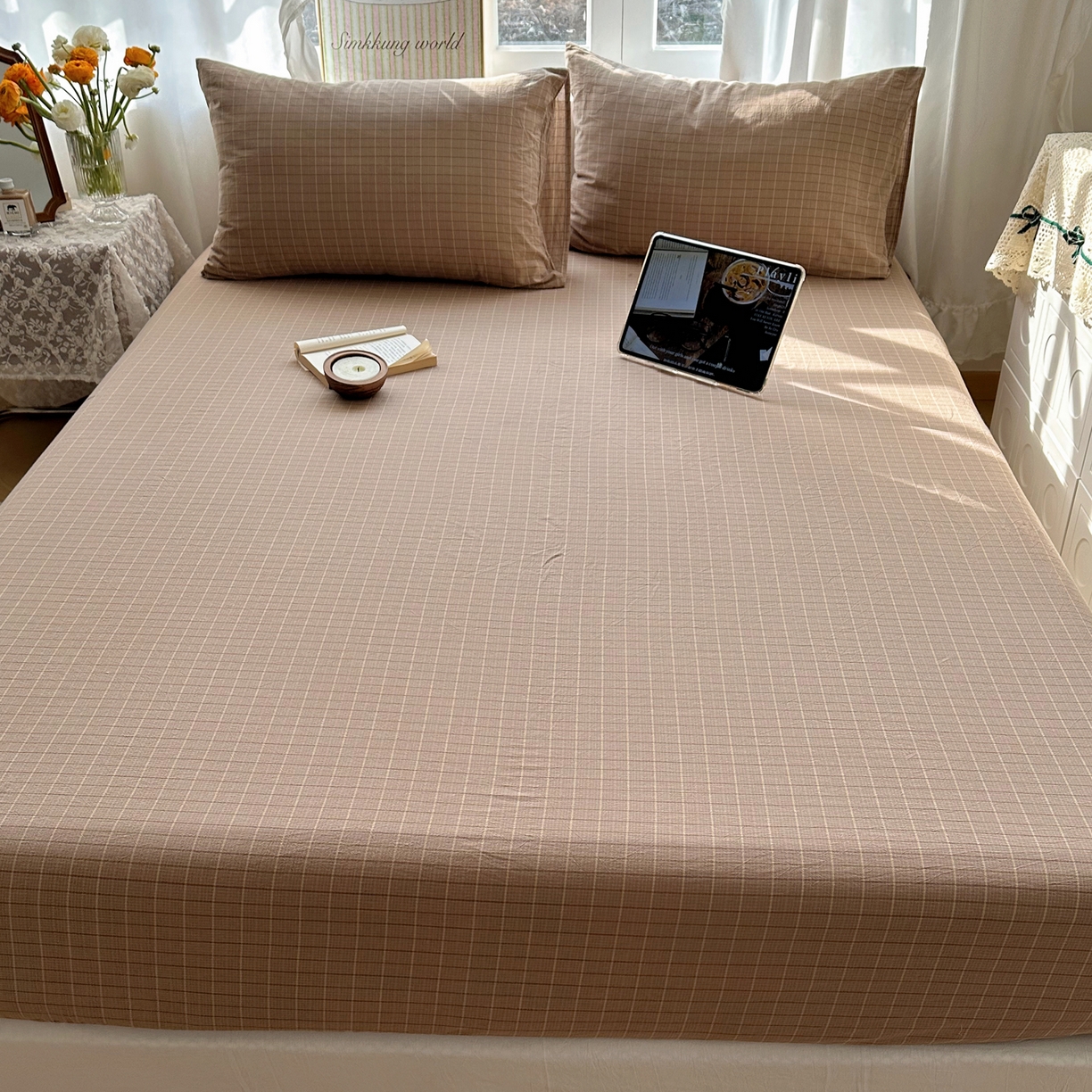 91家纺网 家纺一手货源 找家纺 六巷胡同 2026新款A类全棉纯棉水洗棉色织格子单品床笠 床笠单件 逐风-咖格