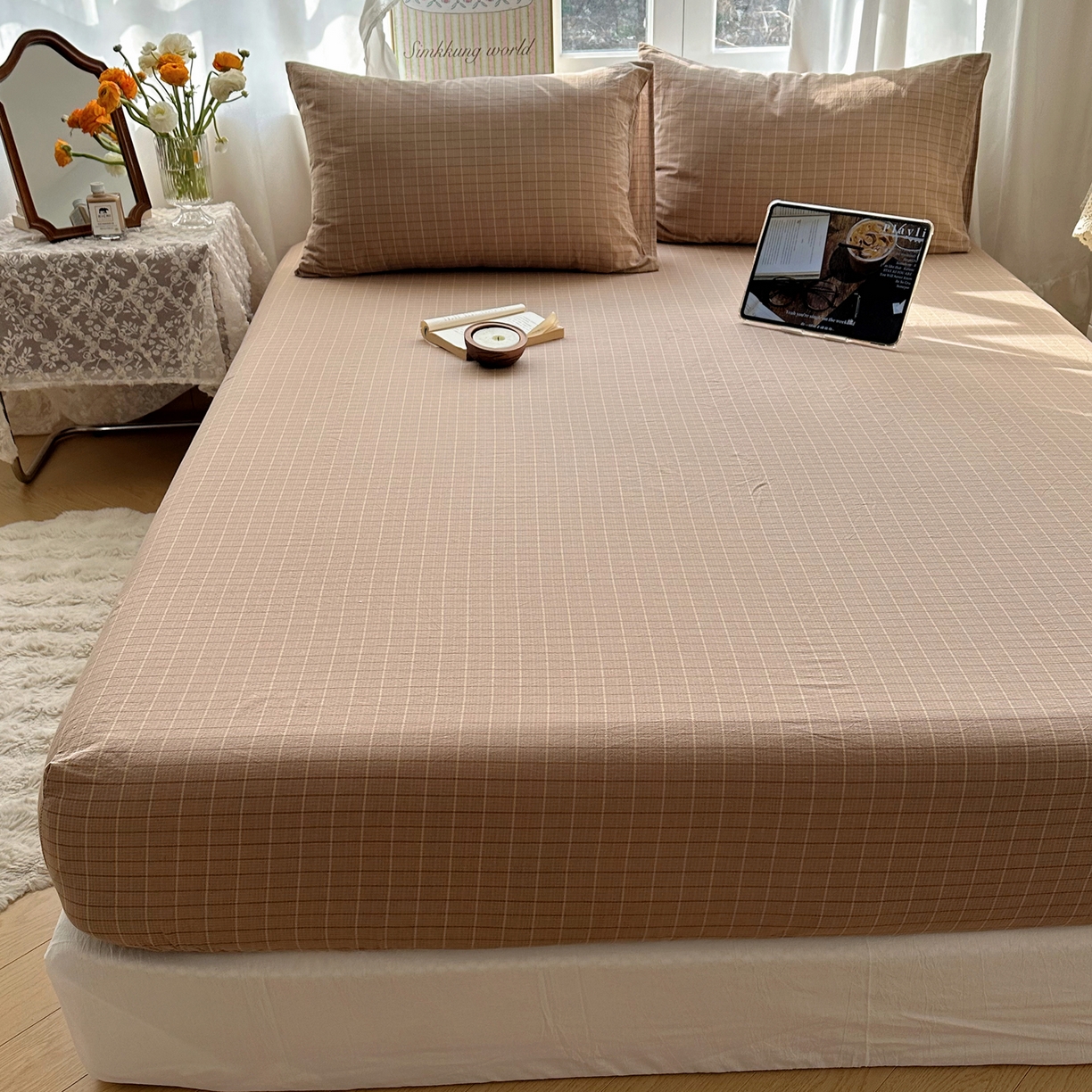 91家纺网 家纺一手货源 找家纺 六巷胡同 2026新款A类全棉纯棉水洗棉色织格子单品床笠 床笠单件 逐风-咖格
