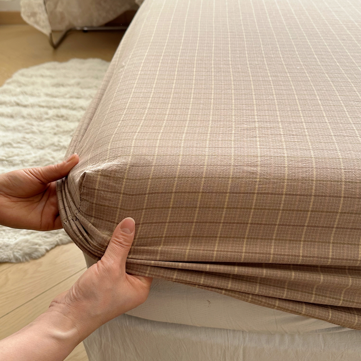 91家纺网 家纺一手货源 找家纺 六巷胡同 2026新款A类全棉纯棉水洗棉色织格子单品床笠 床笠单件 逐风-咖格