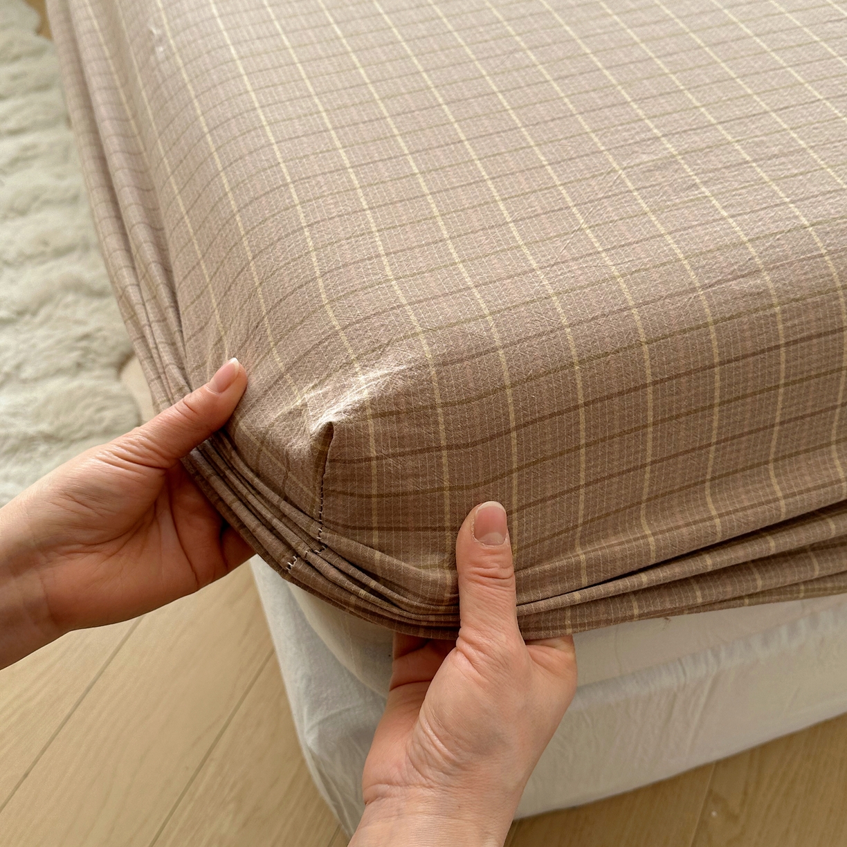 91家纺网 家纺一手货源 找家纺 六巷胡同 2026新款A类全棉纯棉水洗棉色织格子单品床笠 床笠单件 逐风-咖格