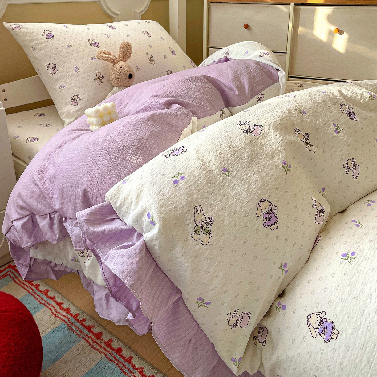 纽缦家纺 2026新款云感提花双层纱学生床韩版床单床笠三四件套 裙子小兔