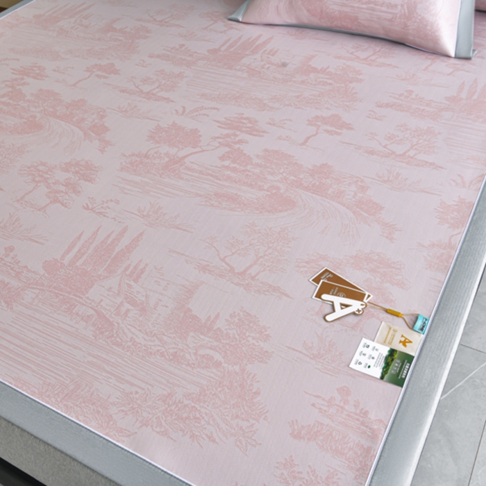 91家纺网 家纺一手货源 找家纺 小牛席业 2026新款【实拍风格】双PE高凉感-托斯卡纳凉感大提花冰丝席席子凉席 粉色