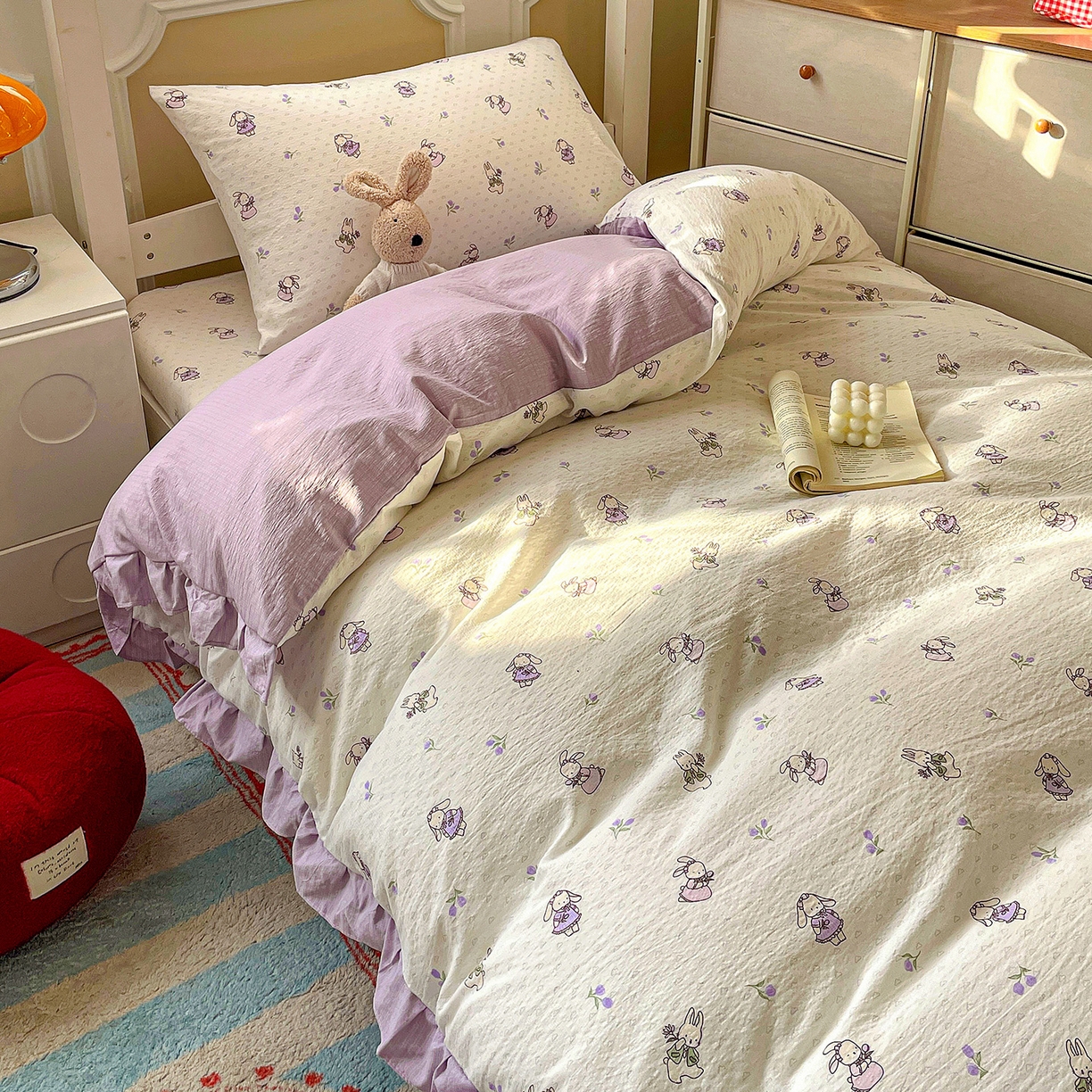 91家纺网 家纺一手货源 找家纺 纽缦家纺 2026新款云感提花双层纱学生床韩版床单床笠三四件套 裙子小兔